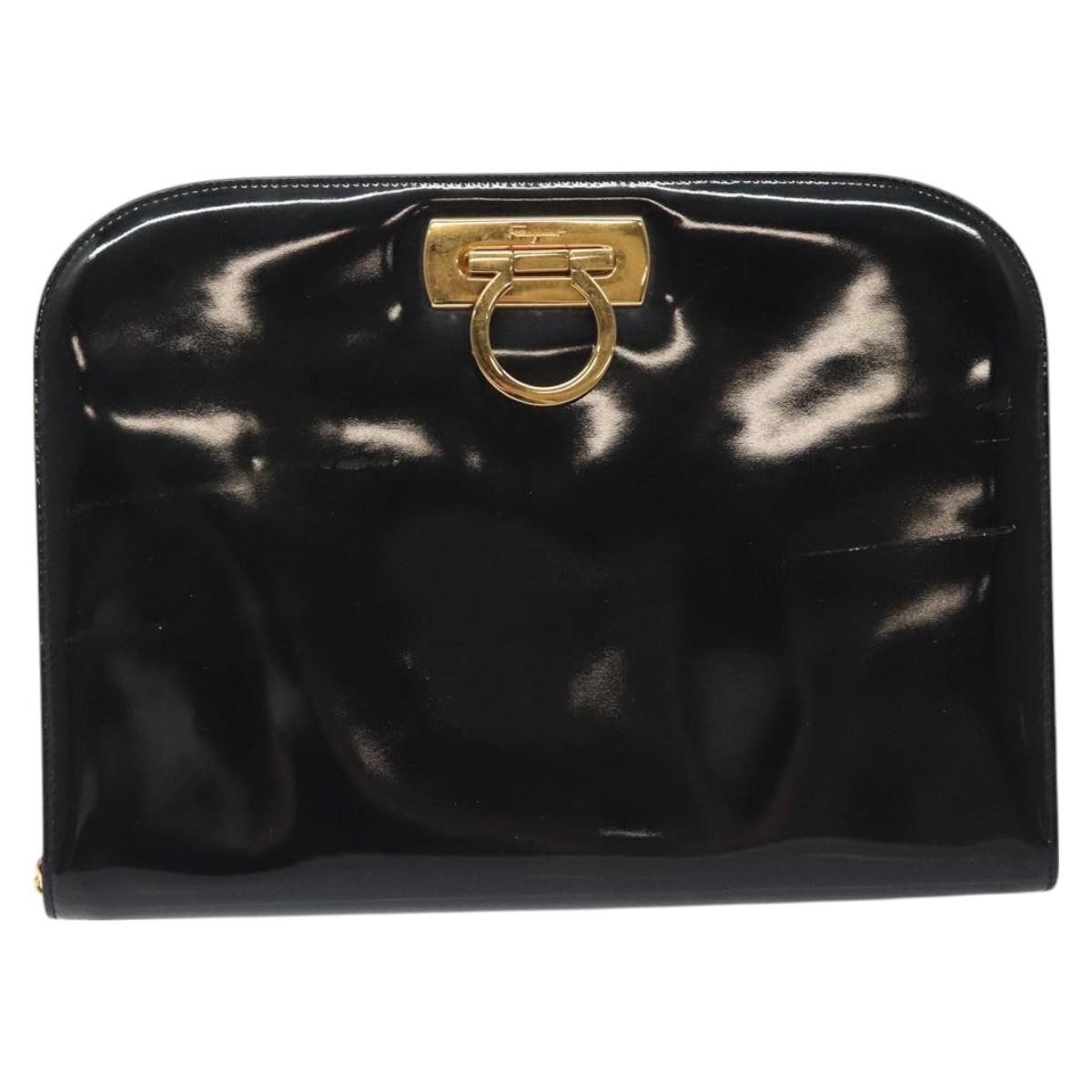 Salvatore Ferragamo Gancini Chain Shoulder Bag Patent Black Gold Auth 128138