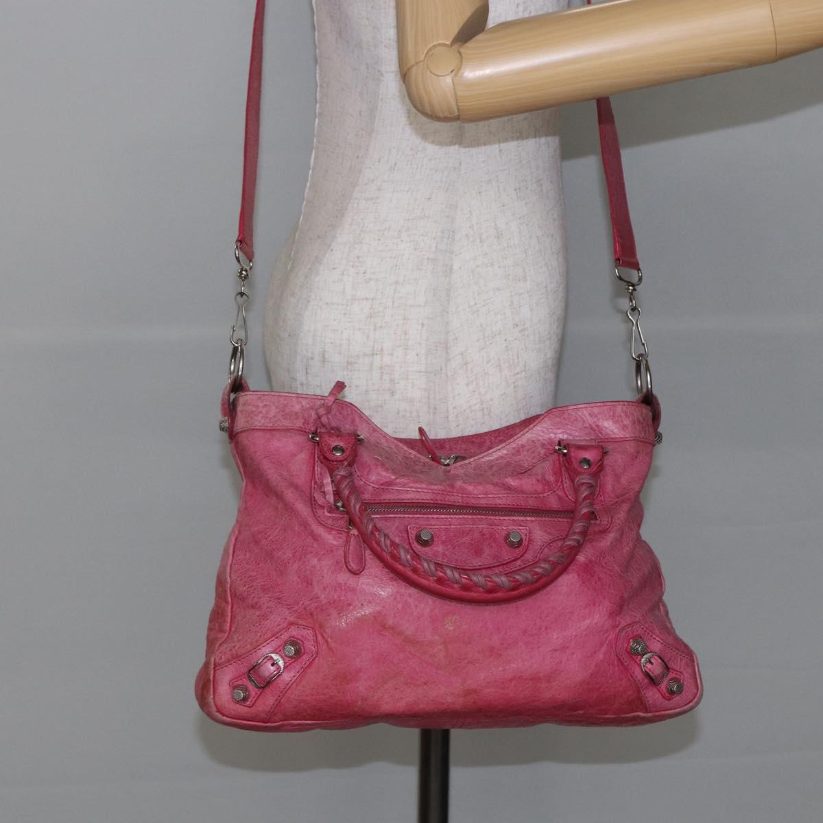 BALENCIAGA City Hand Bag Leather 2way Pink Silver 240578 Auth 128166