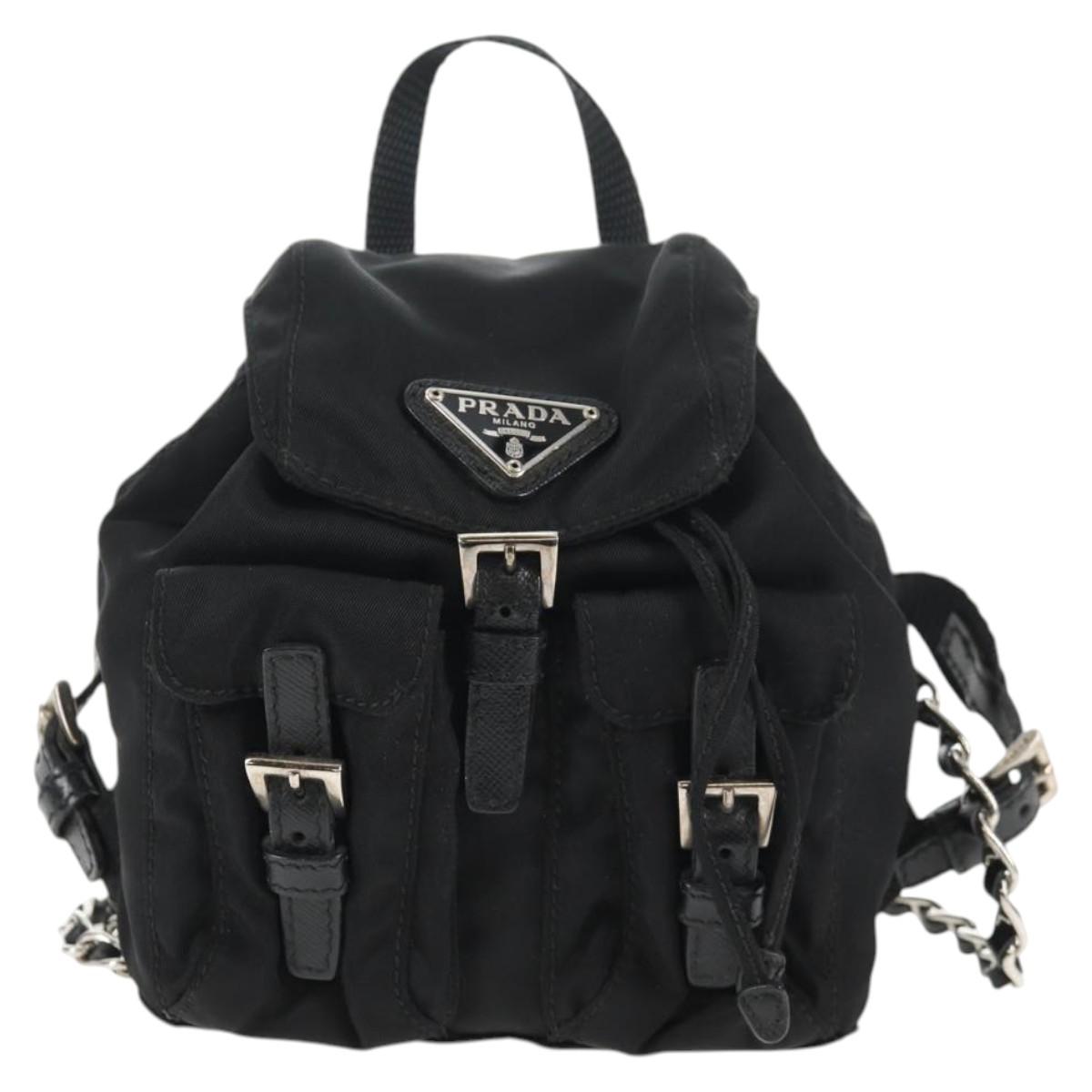 PRADA Chain Shoulder Bag Nylon Black Silver Auth 128179M