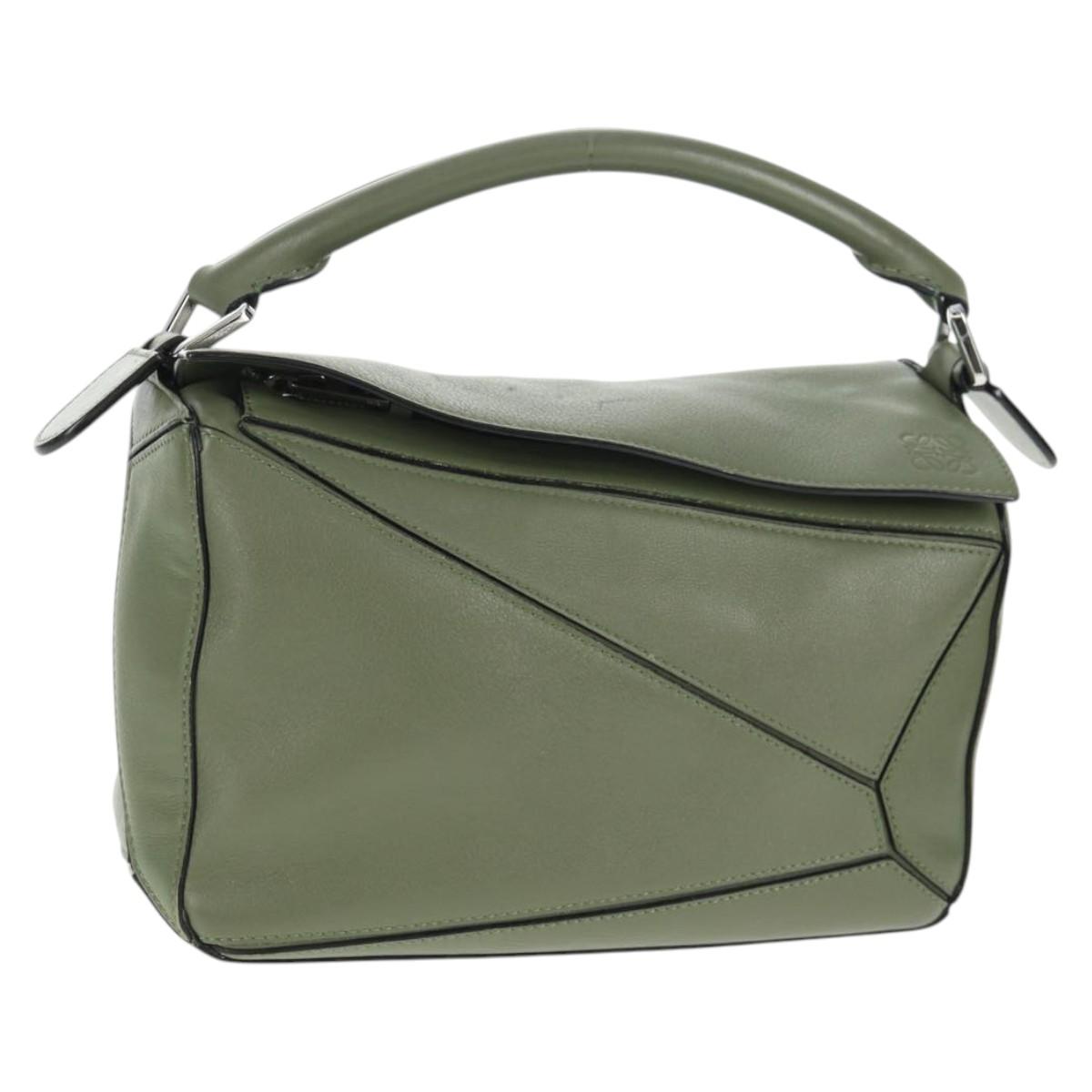 LOEWE Anagram Puzzle Hand Bag Leather Khaki Silver Auth 128180M