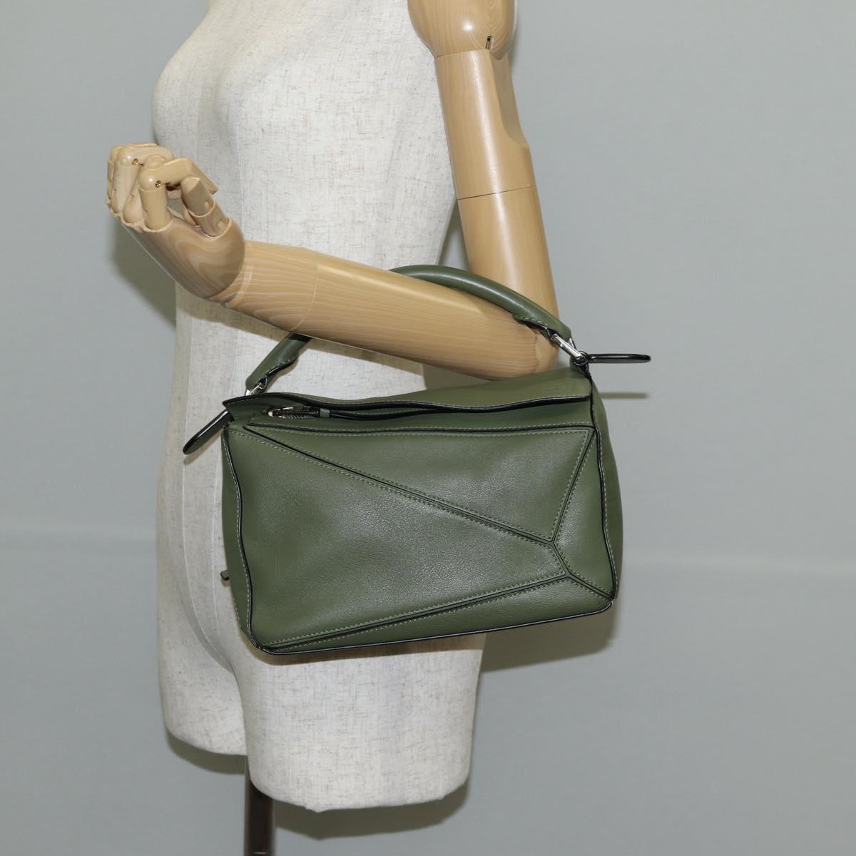 LOEWE Anagram Puzzle Hand Bag Leather Khaki Silver Auth 128180M