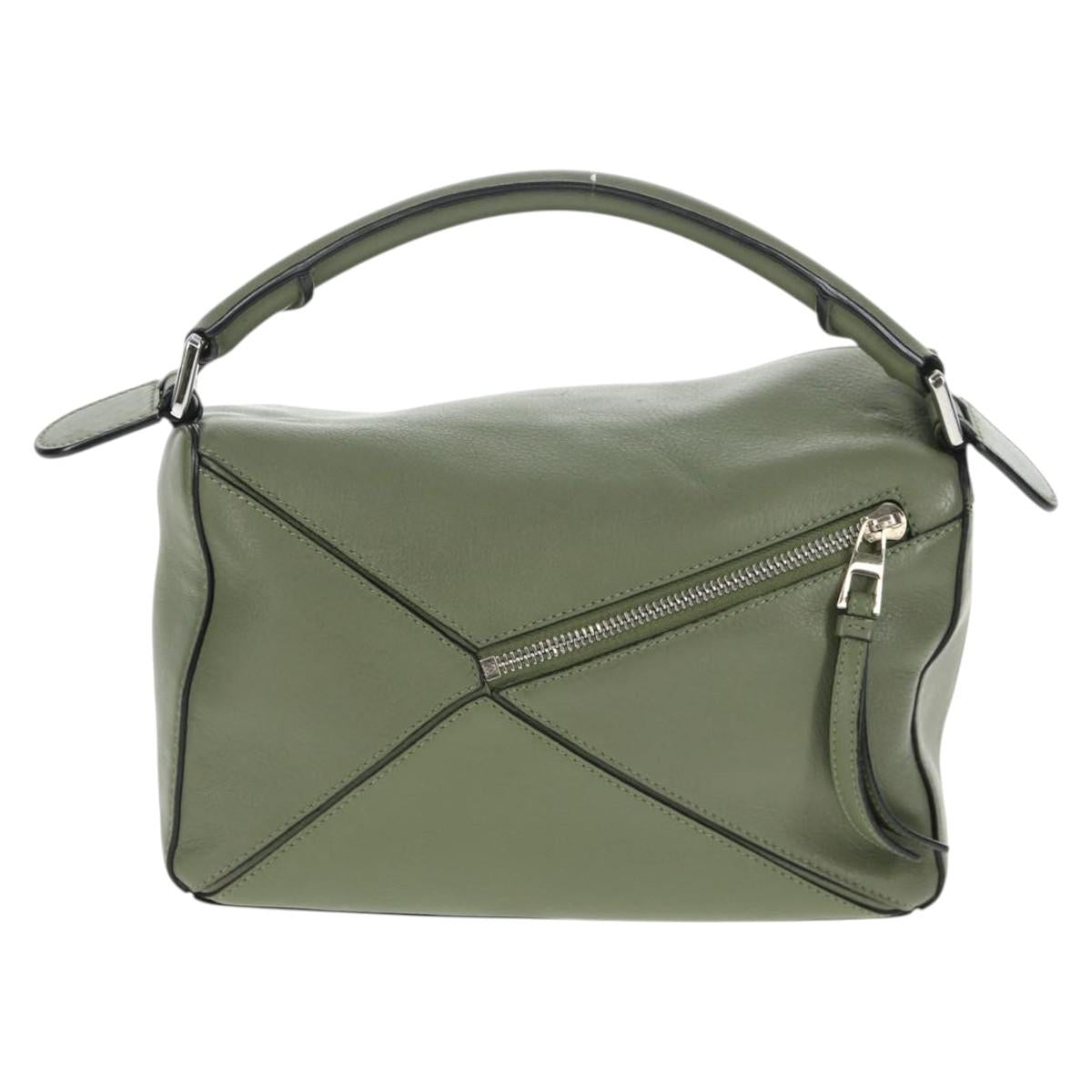 LOEWE Anagram Puzzle Hand Bag Leather Khaki Silver Auth 128180M