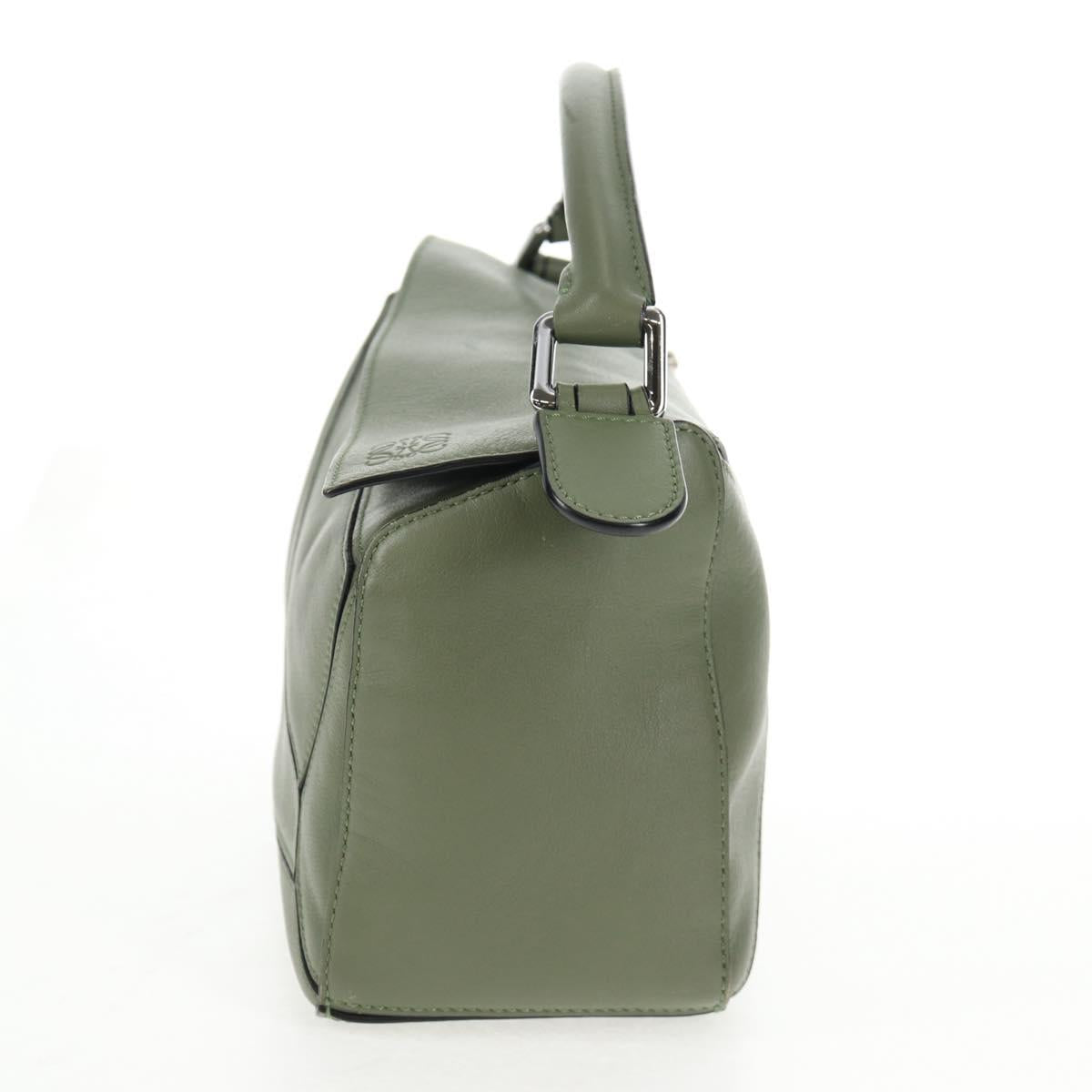 LOEWE Anagram Puzzle Hand Bag Leather Khaki Silver Auth 128180M