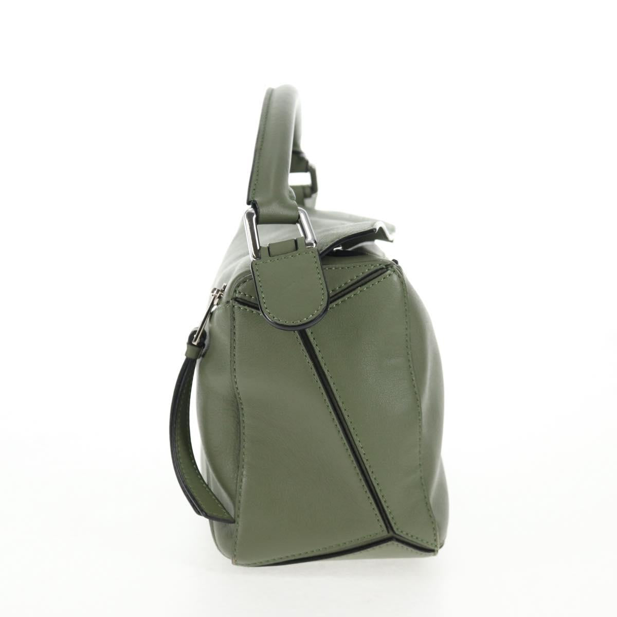 LOEWE Anagram Puzzle Hand Bag Leather Khaki Silver Auth 128180M