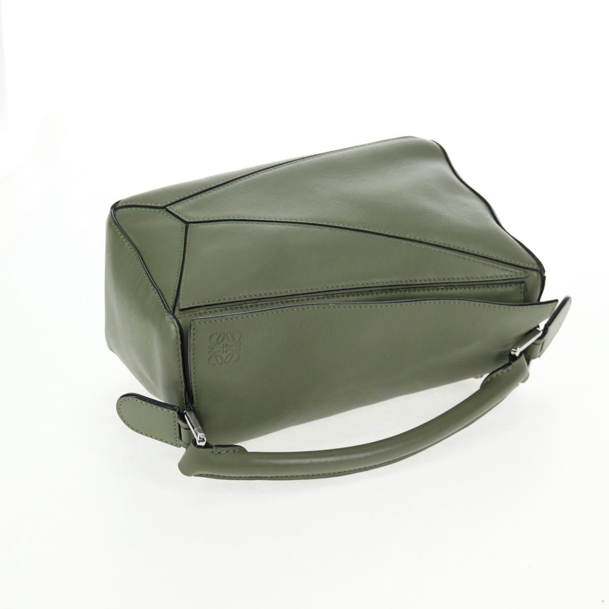 LOEWE Anagram Puzzle Hand Bag Leather Khaki Silver Auth 128180M