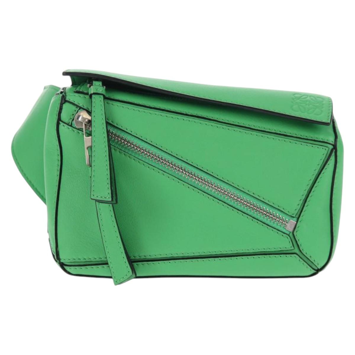 LOEWE Puzzle bag Anagram Waist bag Leather Green Silver Auth 128181M
