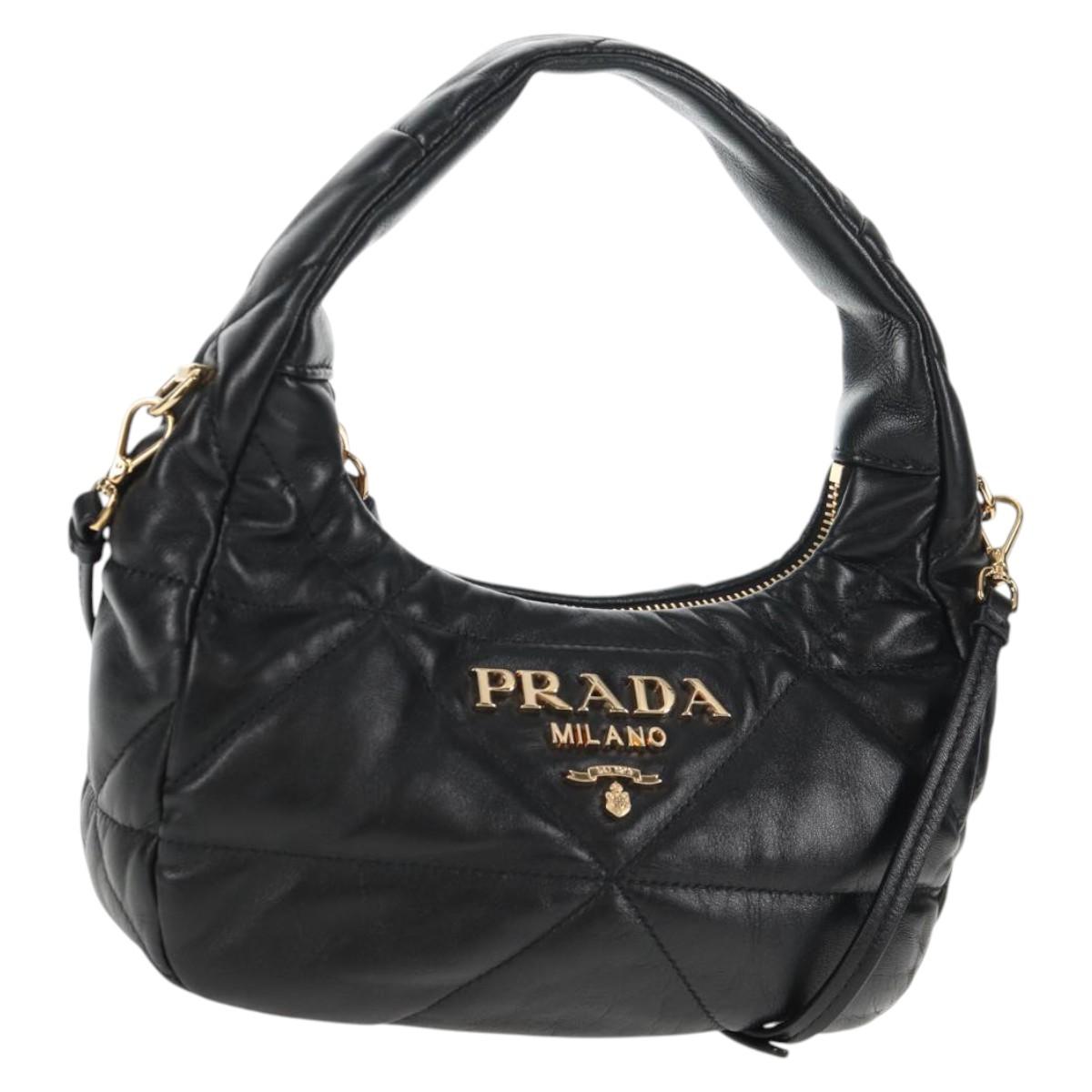 PRADA Hand Bag Leather 2way Black Gold Auth 128189SAM