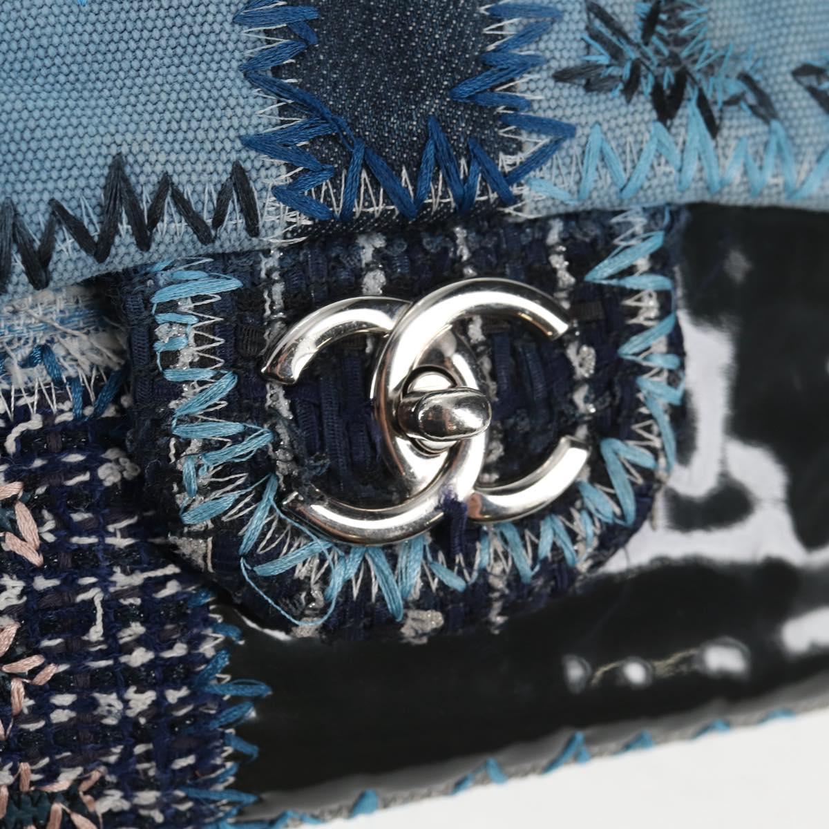 CHANEL Patchwork Chain Shoulder Bag Canvas Blue Silver CC Auth 128192SM