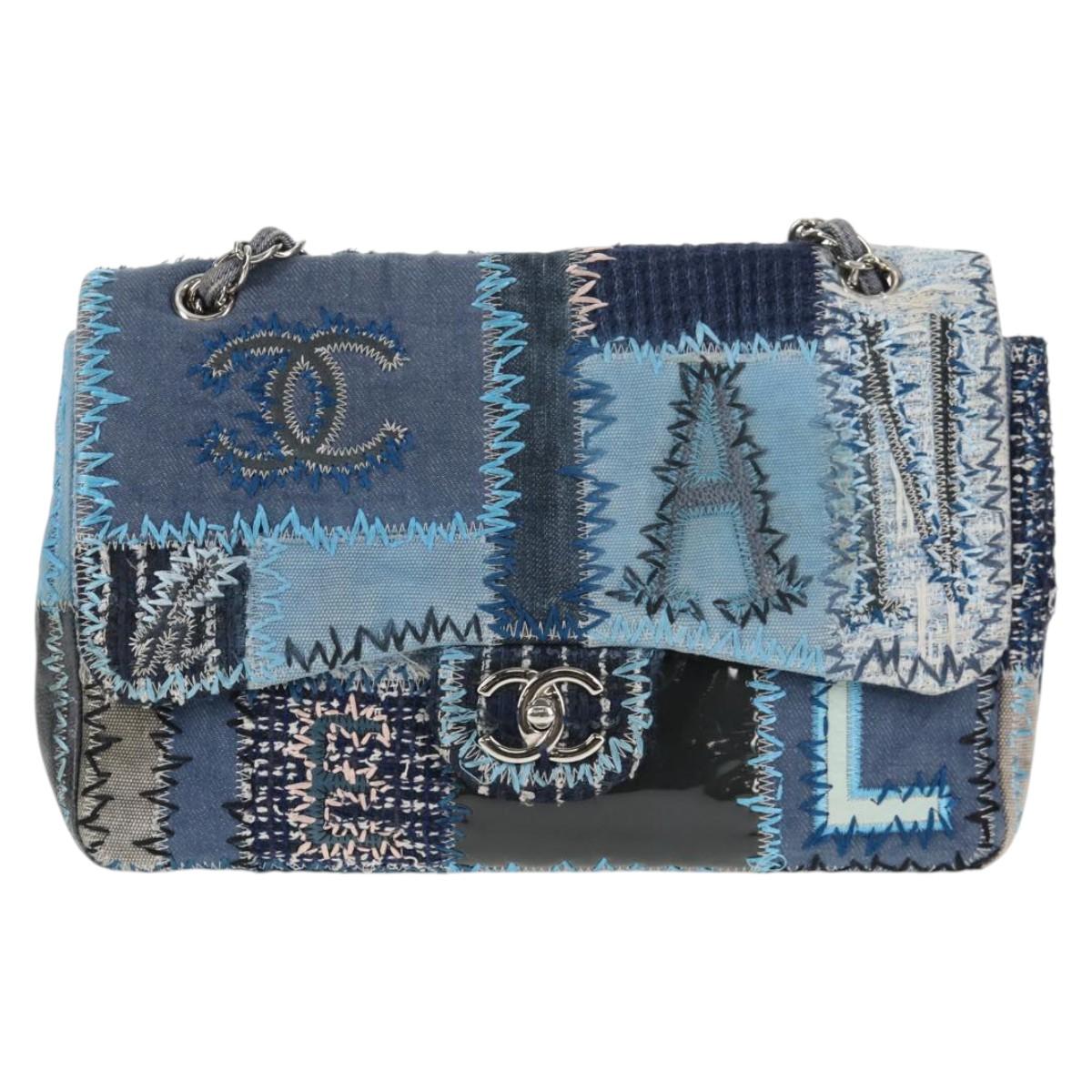 CHANEL Patchwork Chain Shoulder Bag Canvas Blue Silver CC Auth 128192SM
