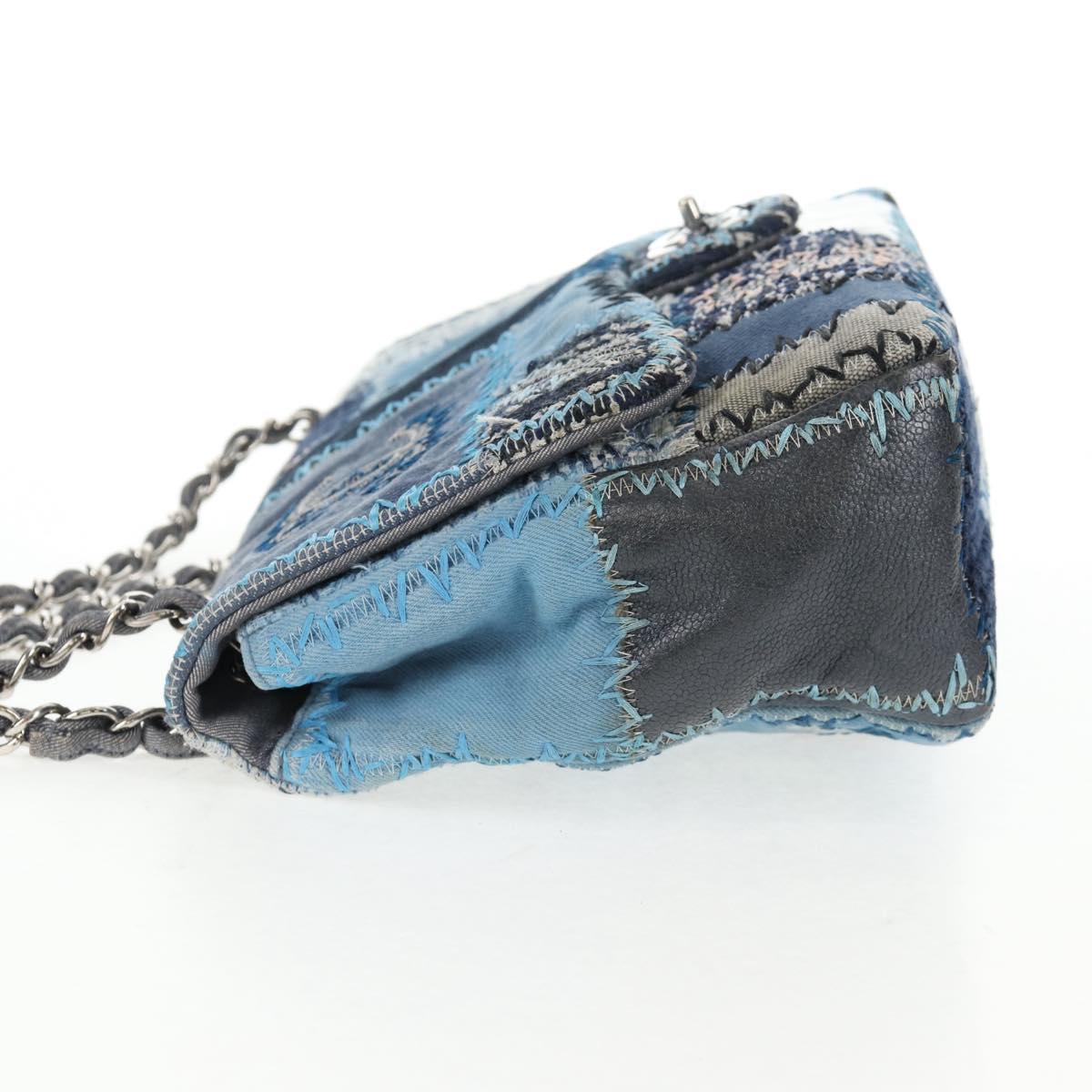 CHANEL Patchwork Chain Shoulder Bag Canvas Blue Silver CC Auth 128192SM