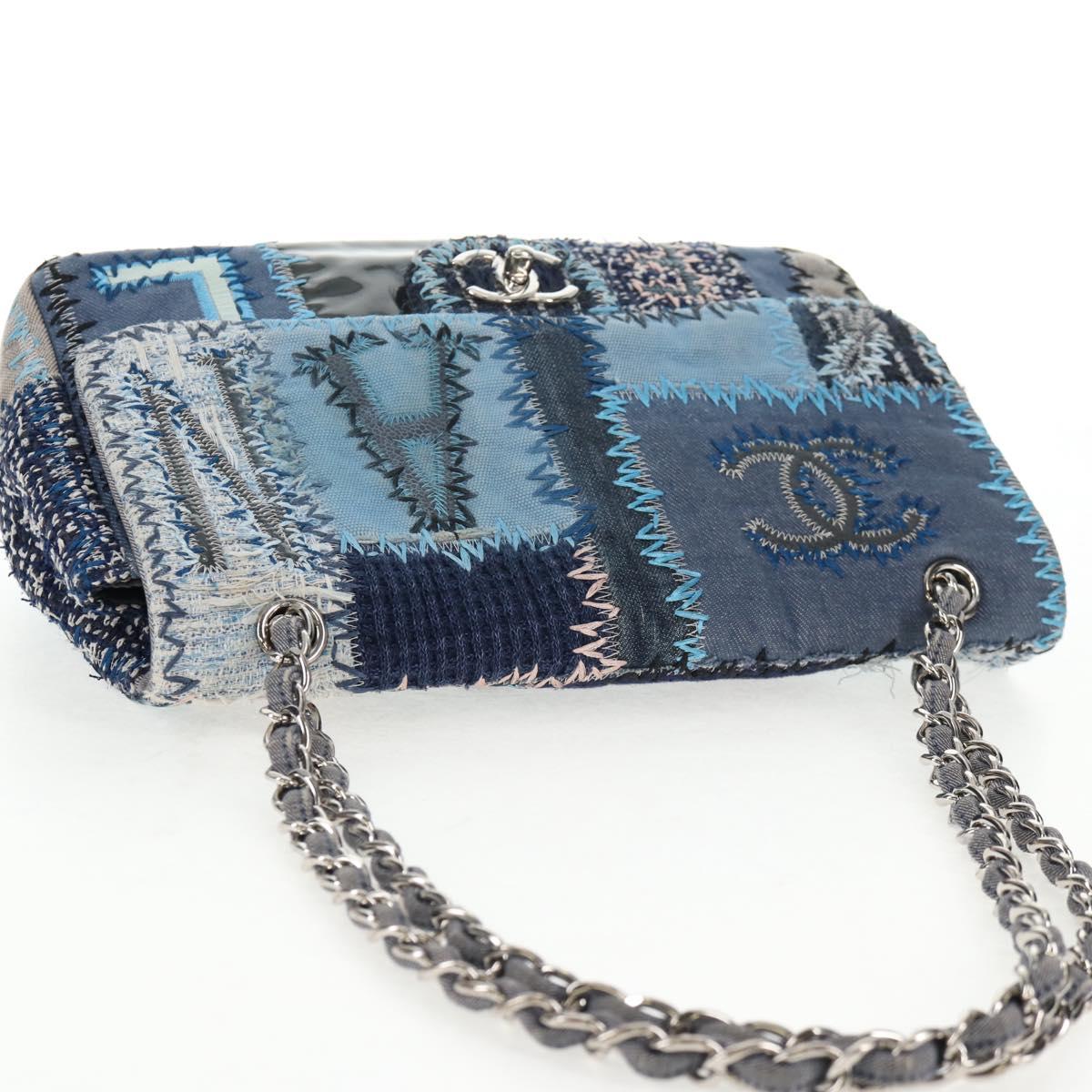 CHANEL Patchwork Chain Shoulder Bag Canvas Blue Silver CC Auth 128192SM