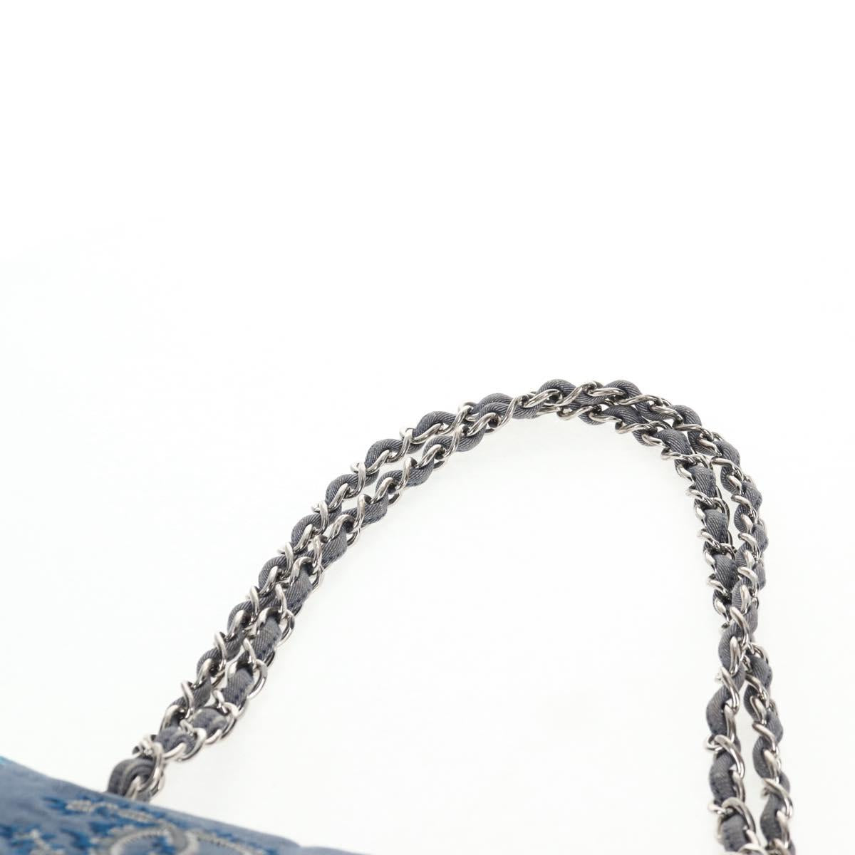 CHANEL Patchwork Chain Shoulder Bag Canvas Blue Silver CC Auth 128192SM