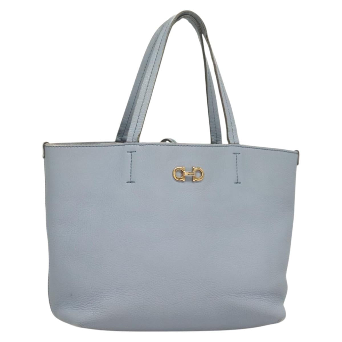 Salvatore Ferragamo Gancini Hand Bag Leather Light Blue Gold Auth 128234