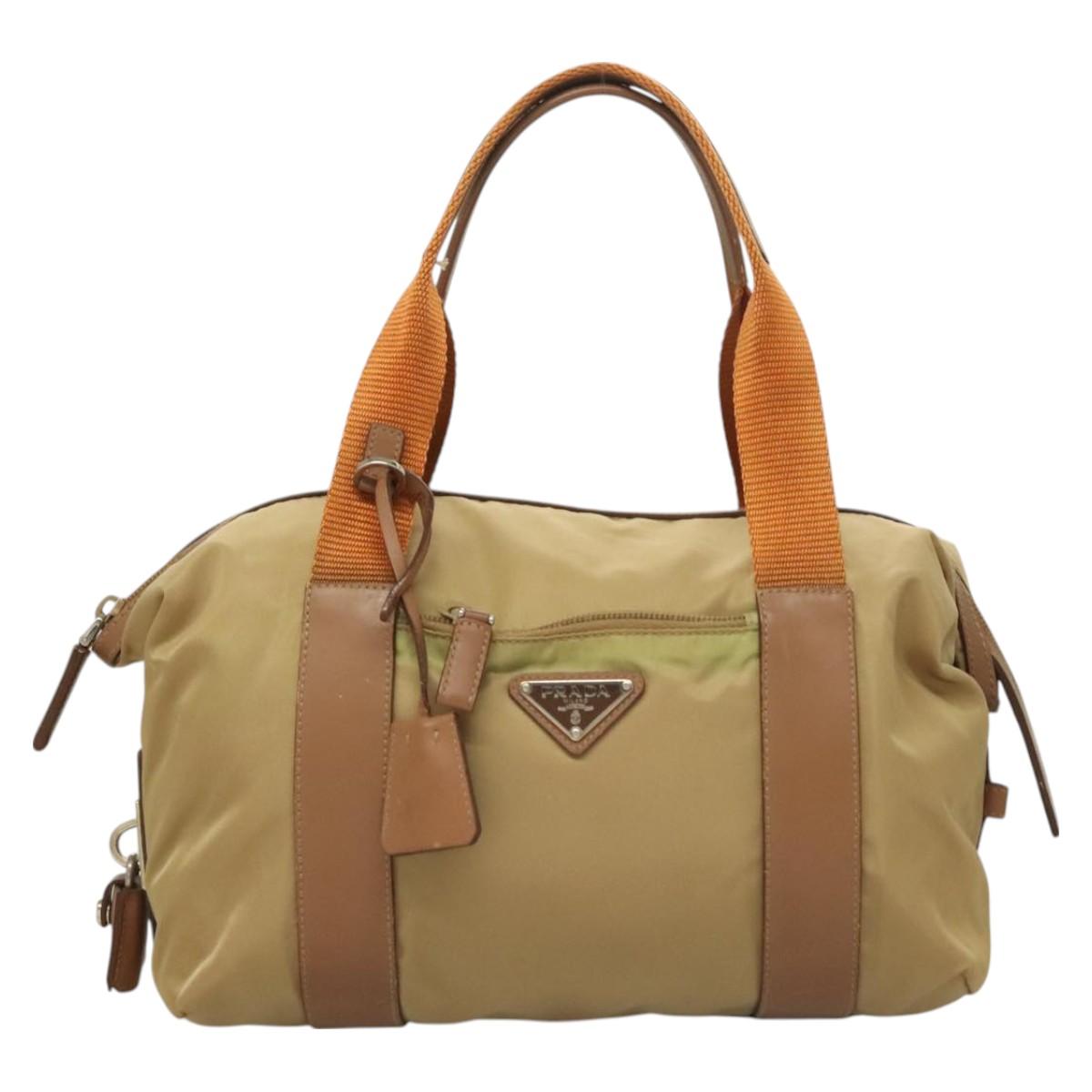 PRADA Hand Bag Nylon Beige Silver Auth 128334