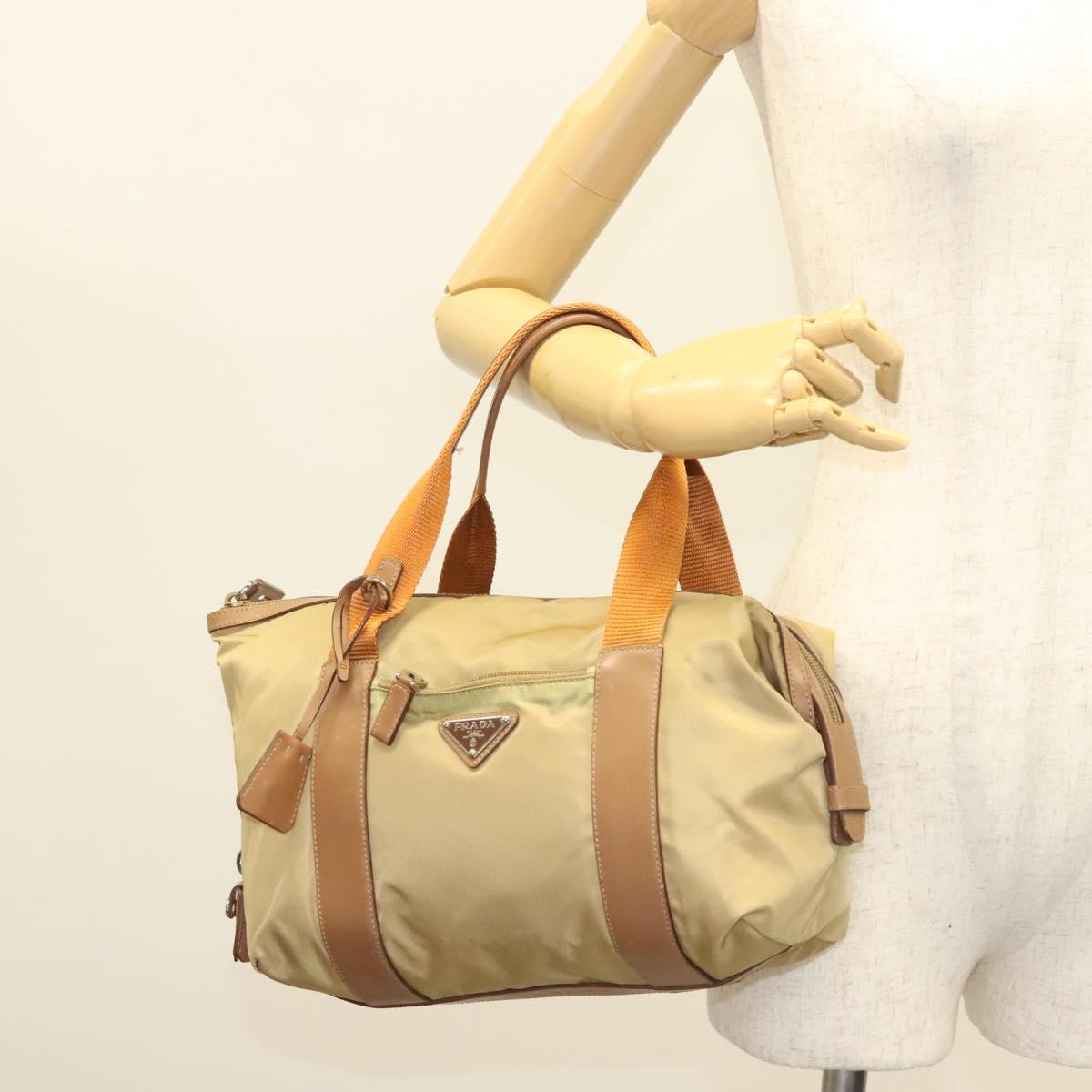 PRADA Hand Bag Nylon Beige Silver Auth 128334