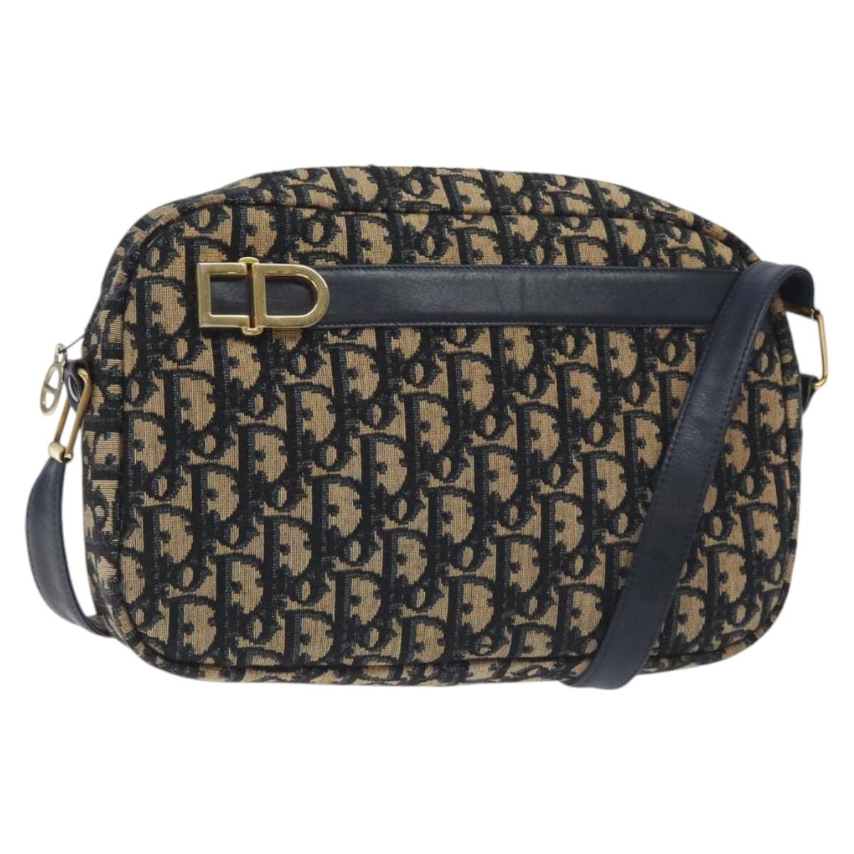 Christian Dior Trotter Canvas Shoulder Bag Navy Gold Auth 128360
