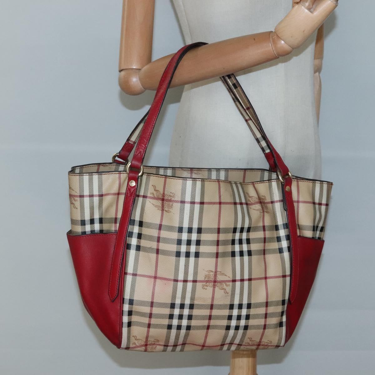 BURBERRY Nova Check Tote Bag PVC Beige Gold Red Auth 128403