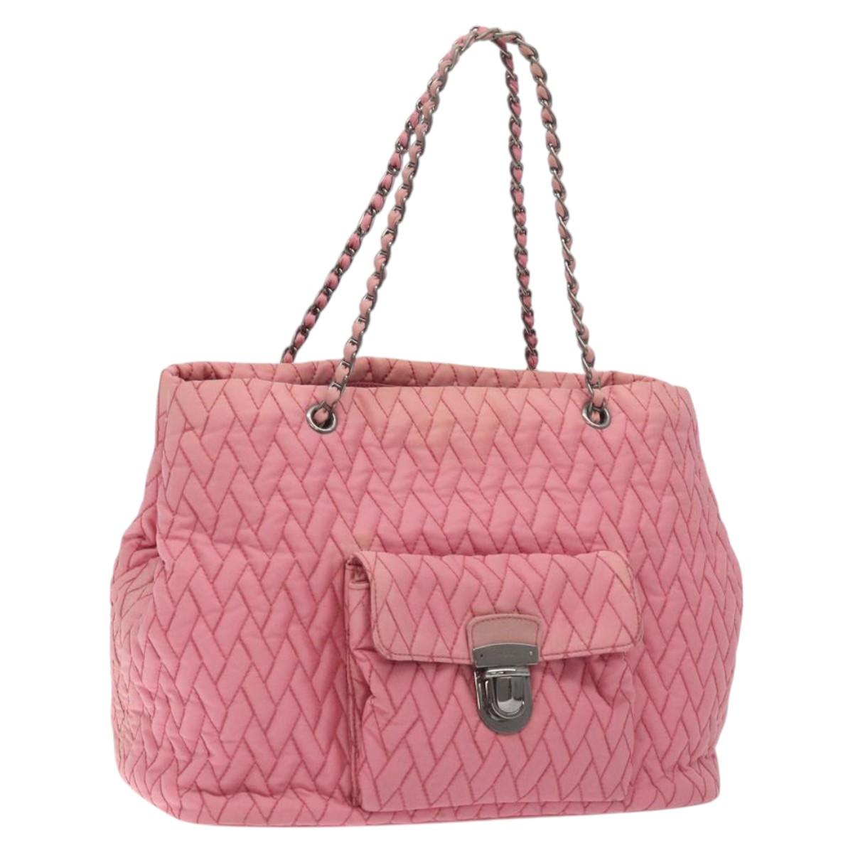 PRADA Chain Tote Bag Nylon Pink Silver Auth 128405