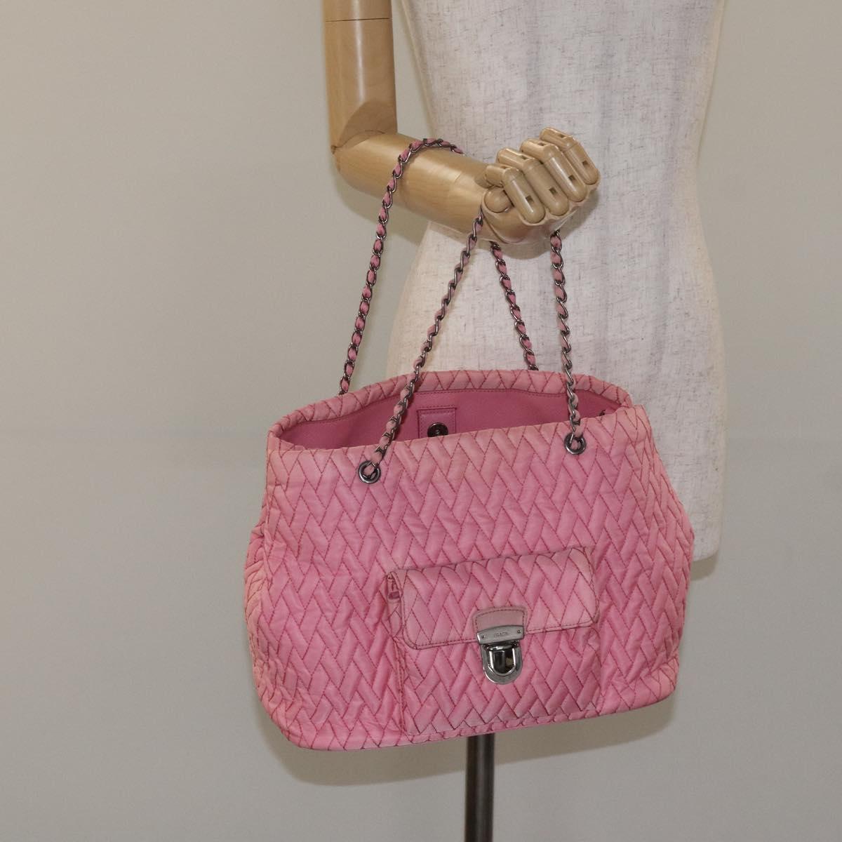 PRADA Chain Tote Bag Nylon Pink Silver Auth 128405