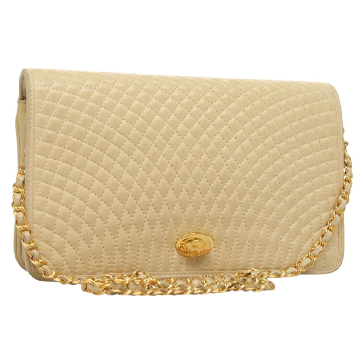 BALLY Chain Shoulder Bag Leather Beige Gold Auth 128441