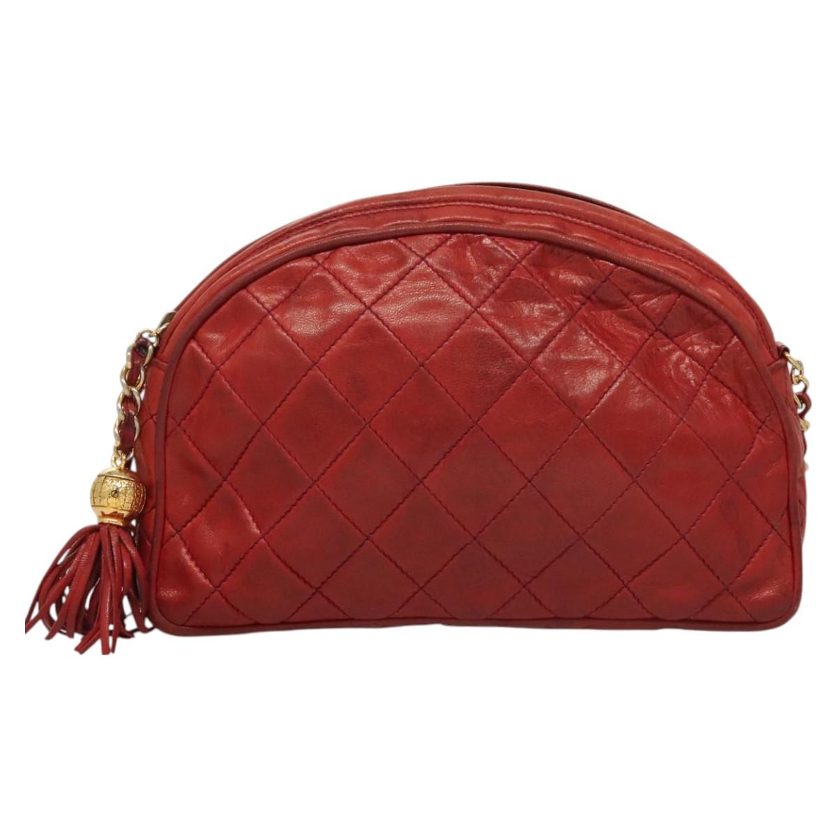 CHANEL Matelasse Chain Shoulder Bag Lamb Skin Red Gold CC Auth 128443