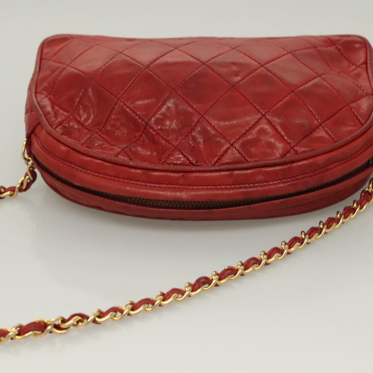 CHANEL Matelasse Chain Shoulder Bag Lamb Skin Red Gold CC Auth 128443