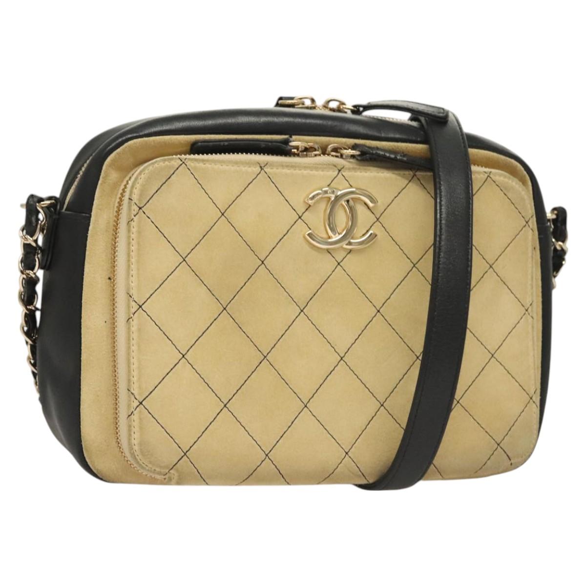CHANEL Matelasse Chain Shoulder Bag Suede Ivory Gold CC Auth 128451