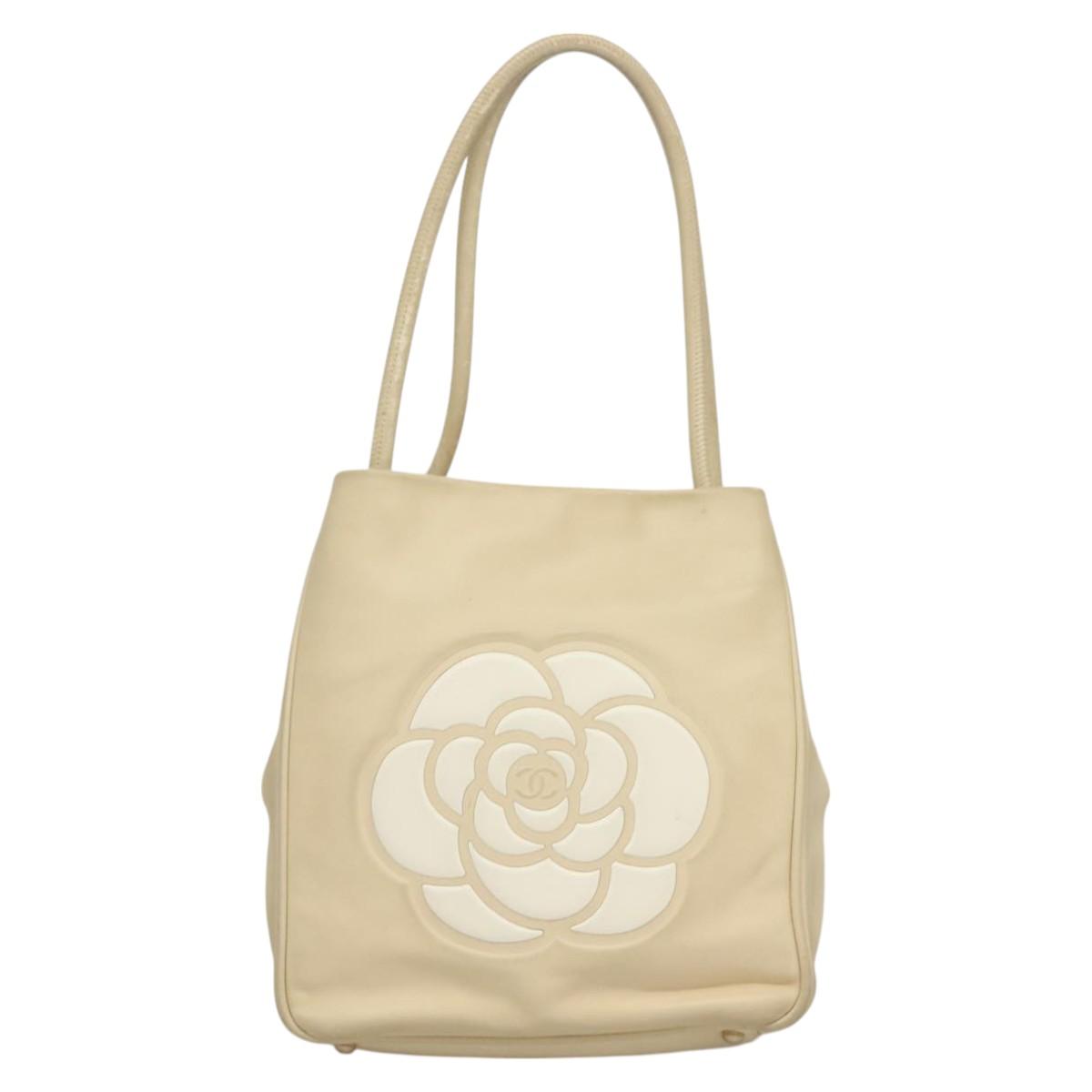 CHANEL Camelia Tote Bag Leather Beige CC Auth 128453