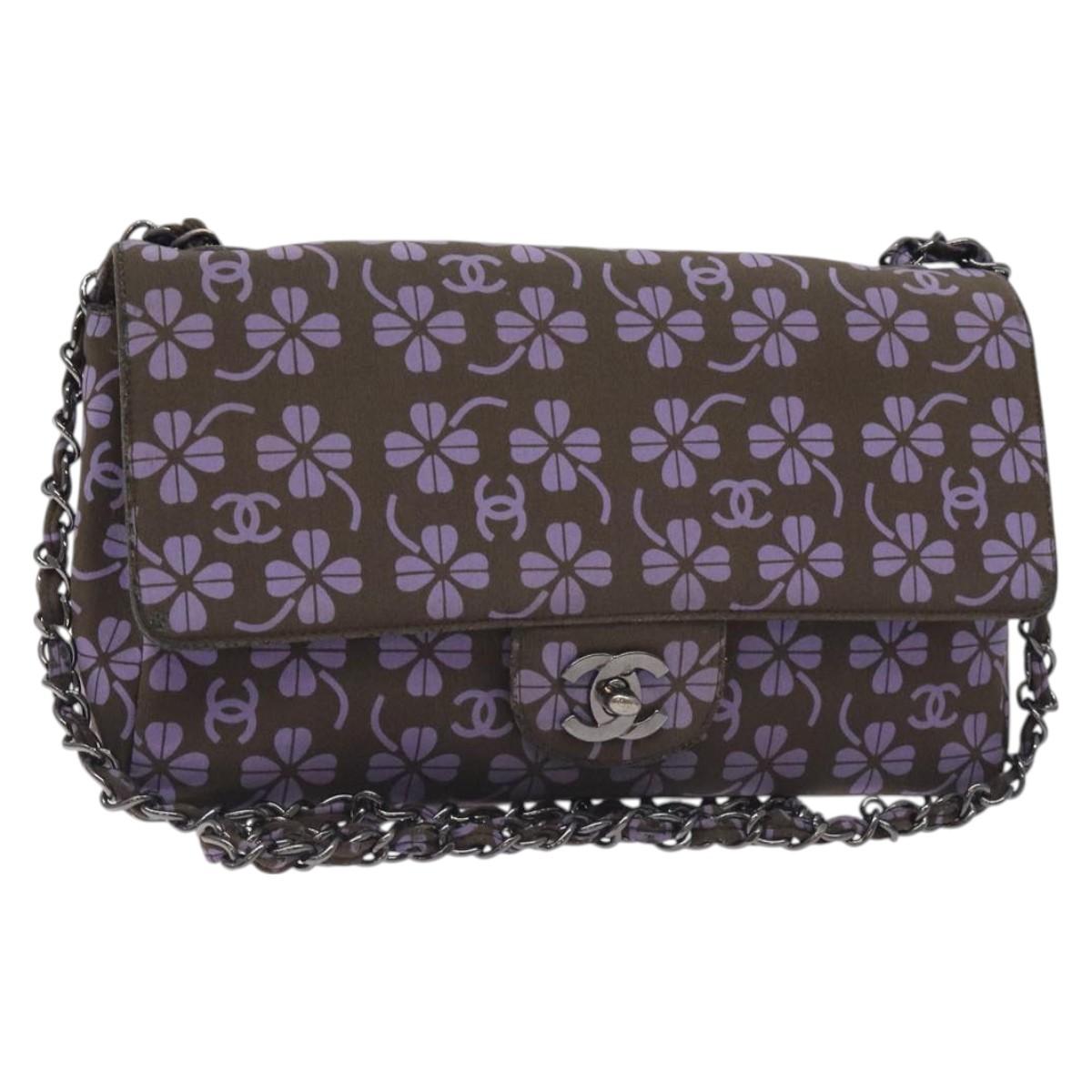 CHANEL Chain Shoulder Bag Satin Purple Silver CC Auth 128455