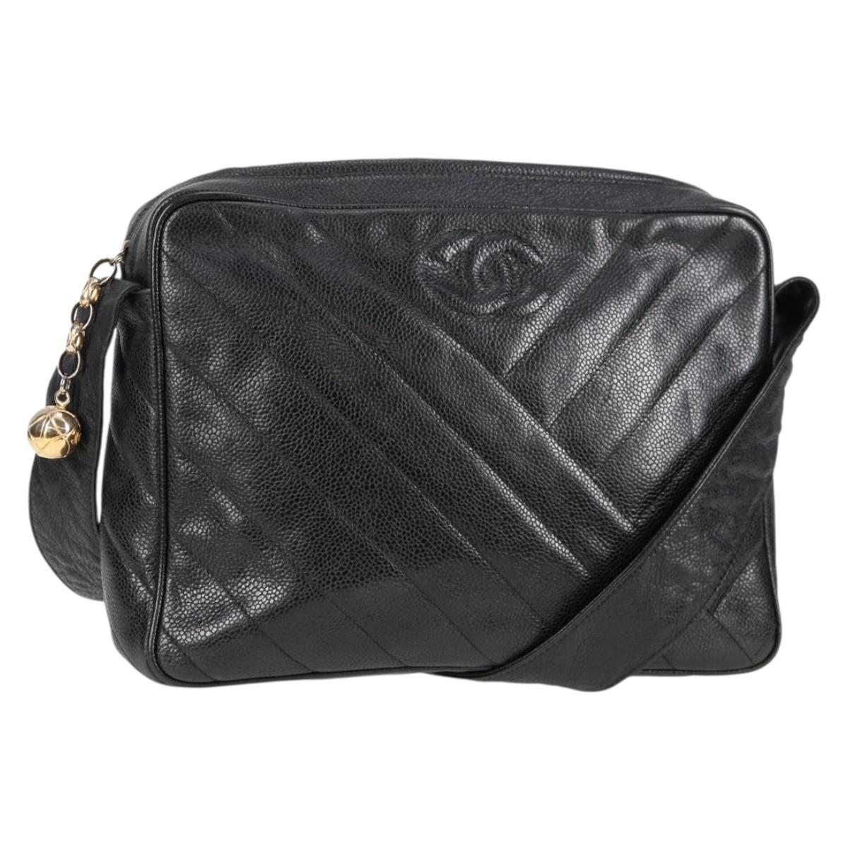 CHANEL COCO Mark Chain Shoulder Bag Caviar Skin Black Gold CC Auth 128487V