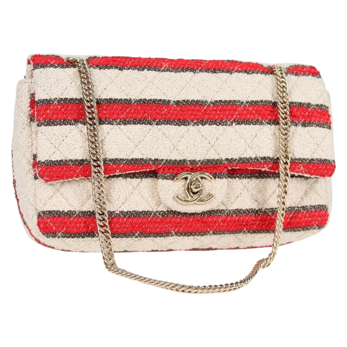 CHANEL Matelasse 25 Chain Shoulder Bag Cotton Beige Red CC Auth 128490SV