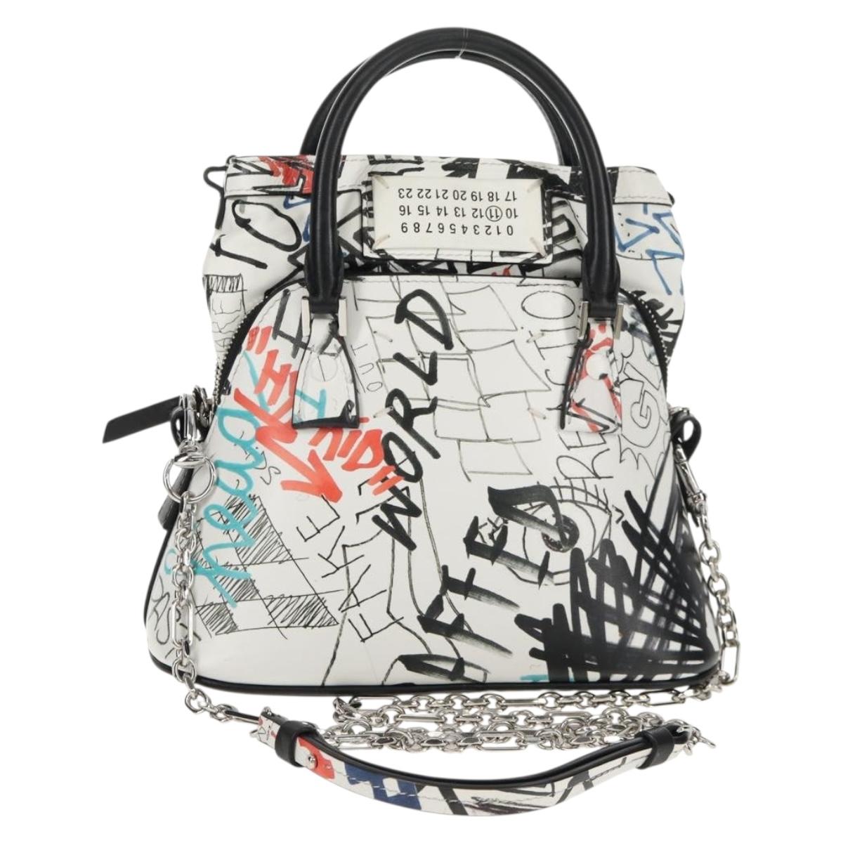 Maison Margiela Chain Hand Bag Leather 2way White Black Silver Auth 128505M