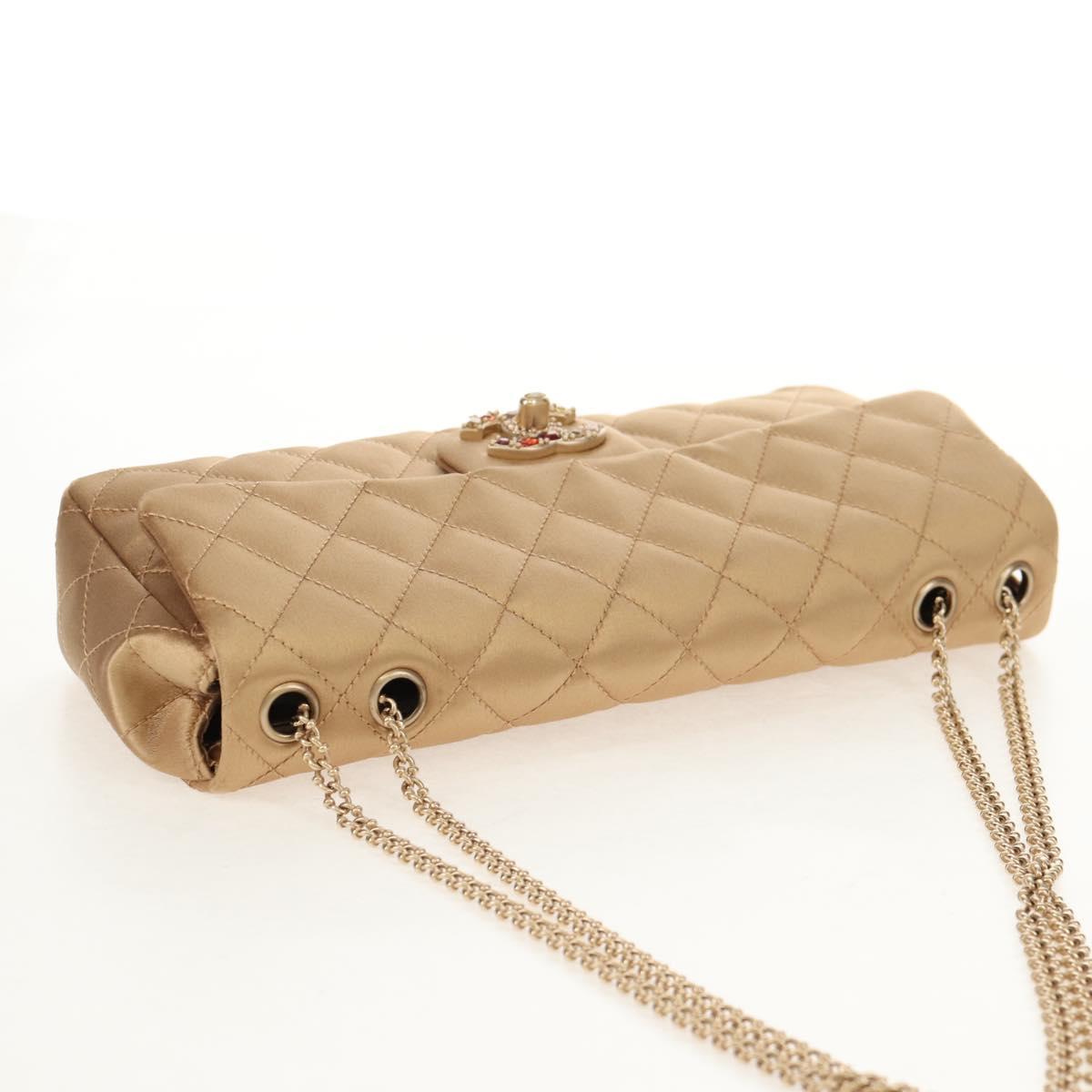 CHANEL Chain Matelasse Shoulder Bag Satin Gold CC Auth 128521M