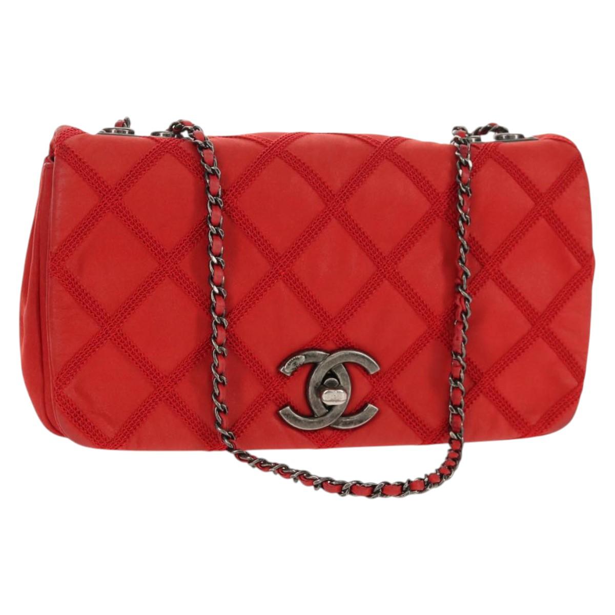 CHANEL Wild Stitch Chain Shoulder Bag Leather Red CC Auth 128522M