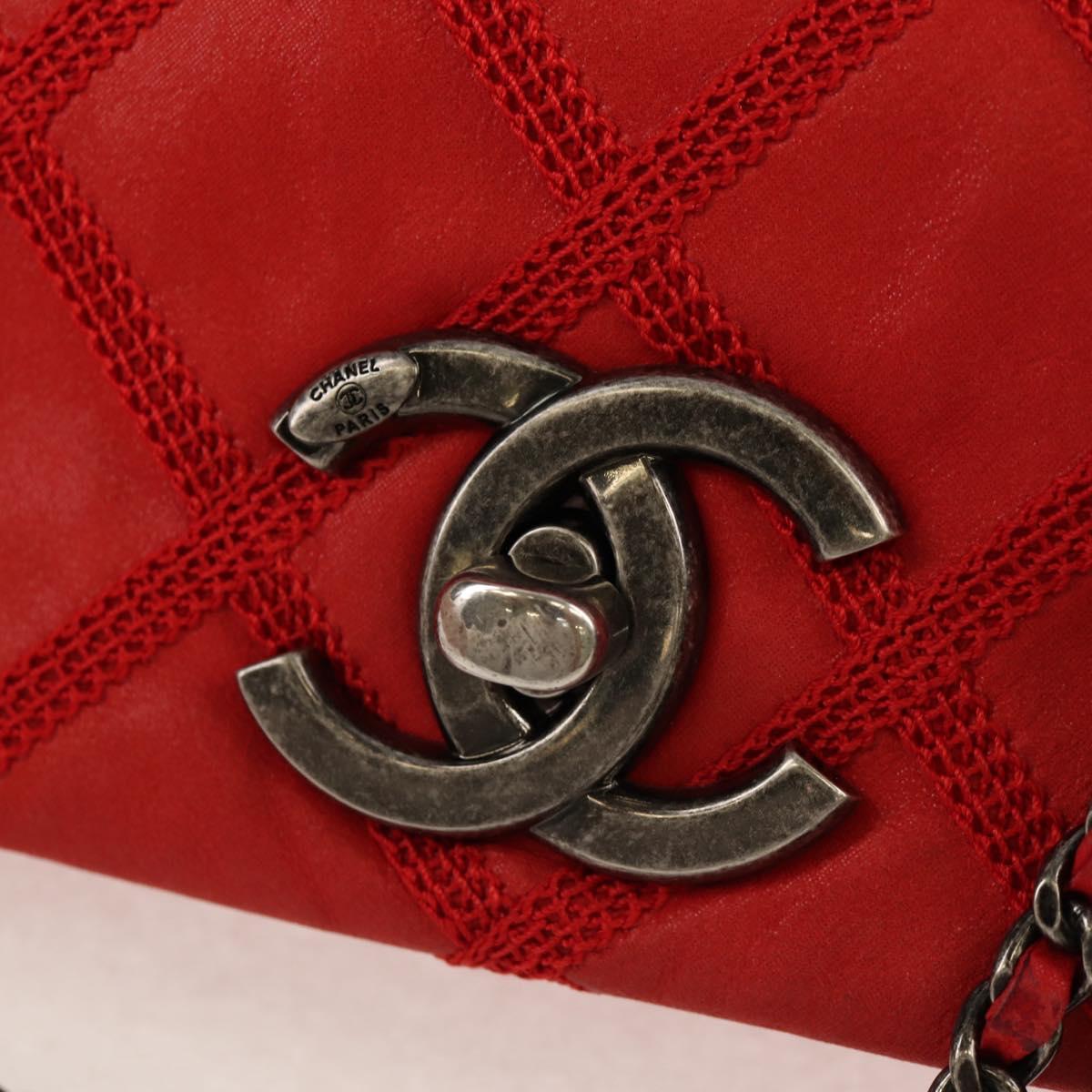 CHANEL Wild Stitch Chain Shoulder Bag Leather Red CC Auth 128522M
