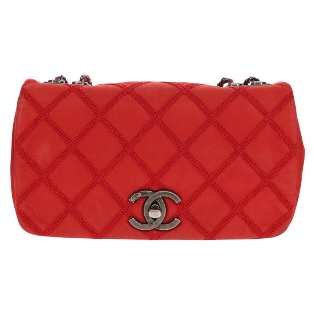 CHANEL Wild Stitch Chain Shoulder Bag Leather Red CC Auth 128522M