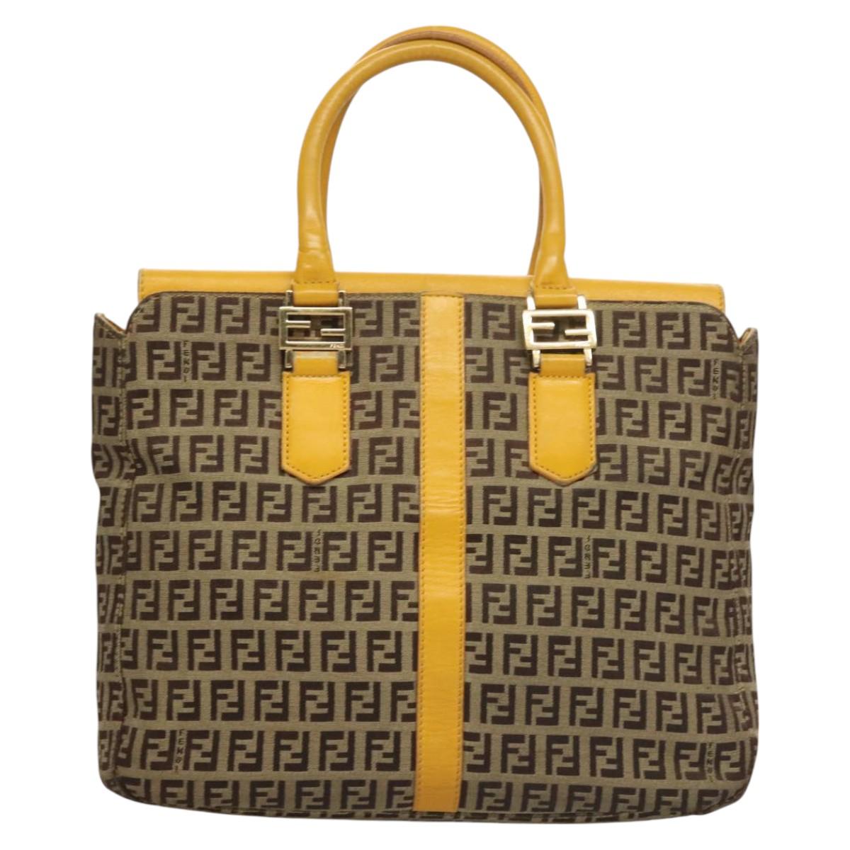 FENDI Zucchino Canvas Hand Bag Brown Gold Auth 128558