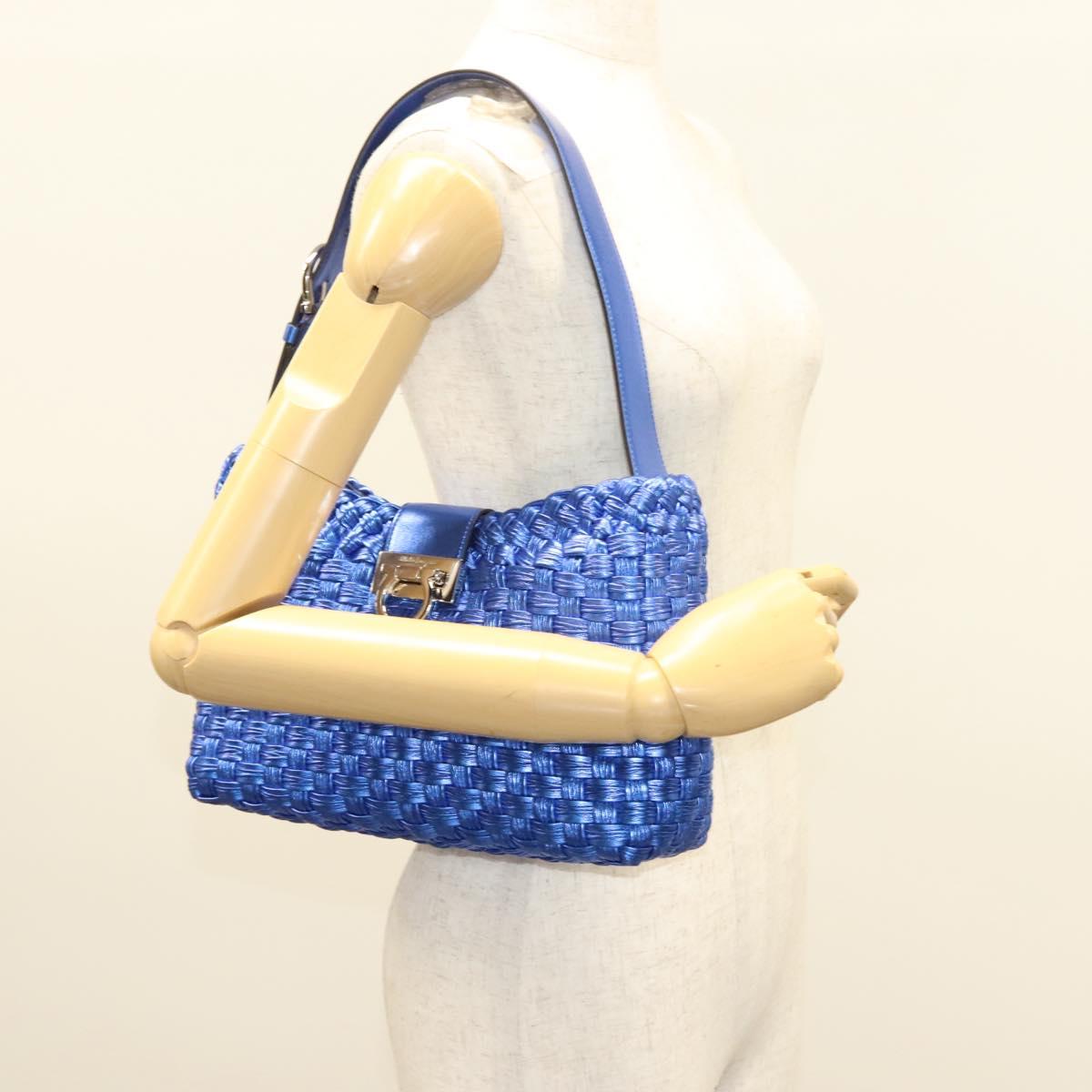 Salvatore Ferragamo Gancini Shoulder Bag Leather Blue Silver Auth 128561V