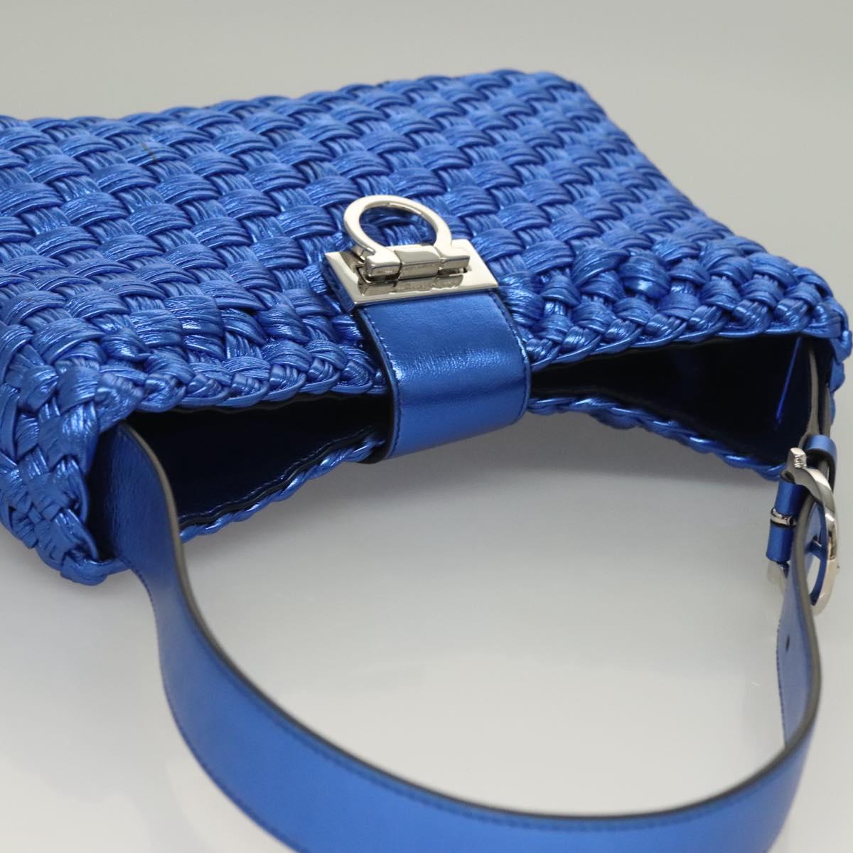 Salvatore Ferragamo Gancini Shoulder Bag Leather Blue Silver Auth 128561V