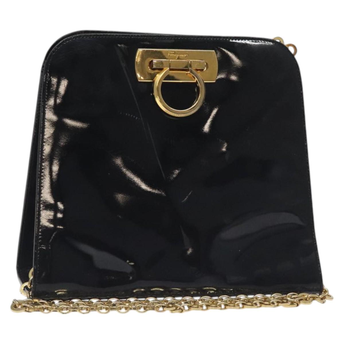 Salvatore Ferragamo Gancini Chain Shoulder Bag Enamel Black Gold Auth 128633