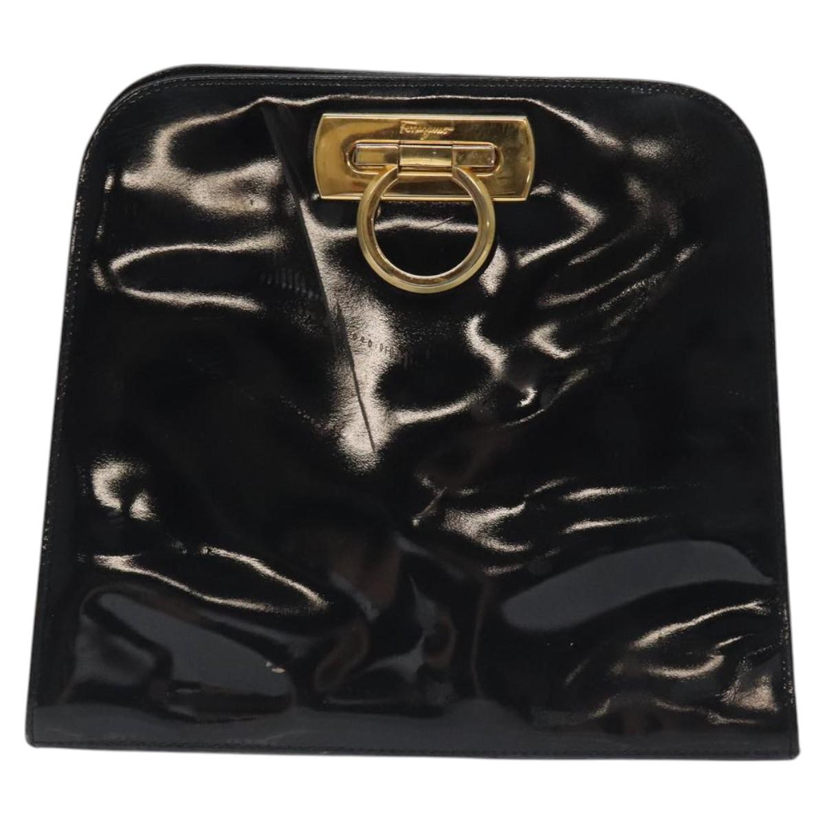 Salvatore Ferragamo Gancini Chain Shoulder Bag Enamel Black Gold Auth 128633