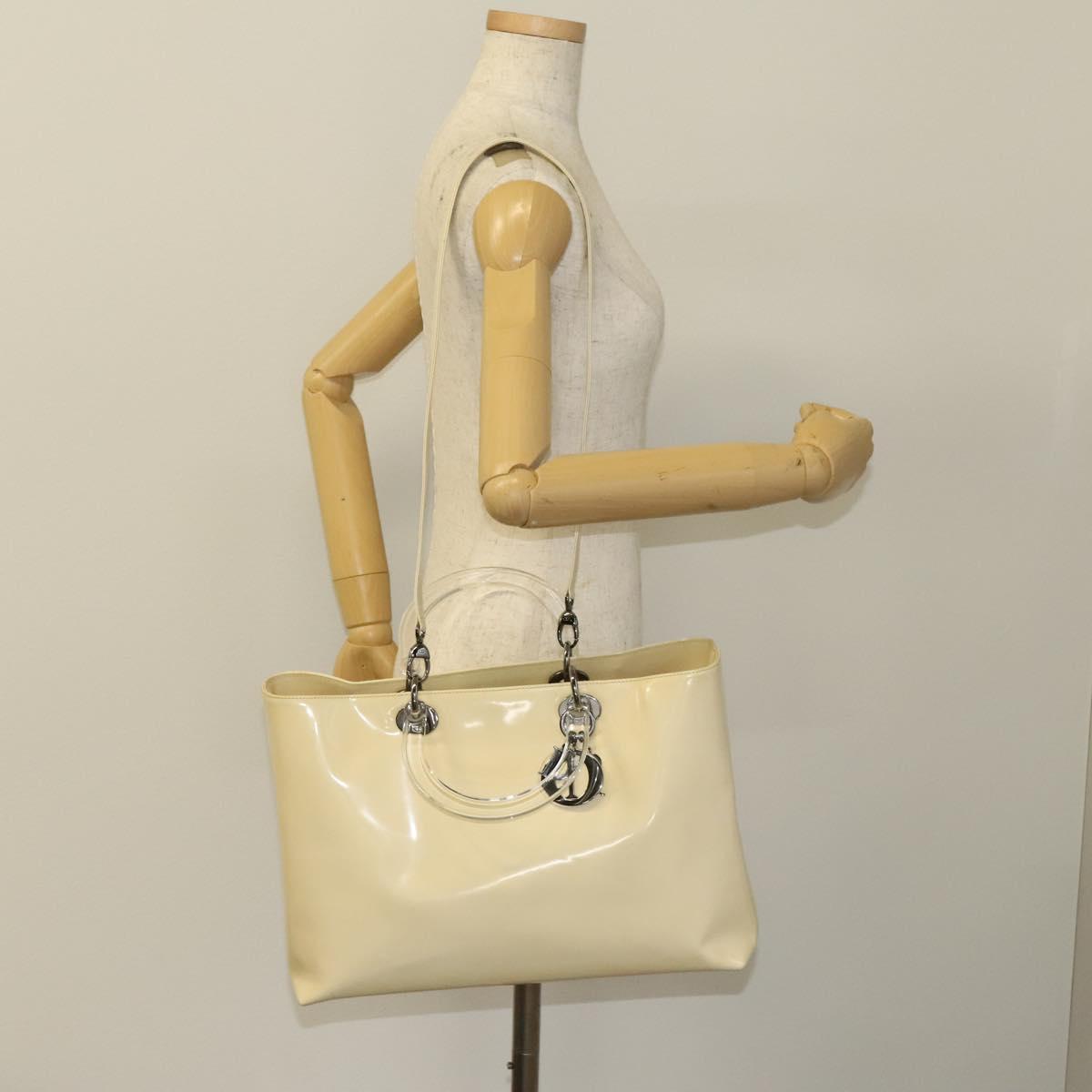 Christian Dior Hand Bag Patent leather 2way Ivory Silver Auth 128638