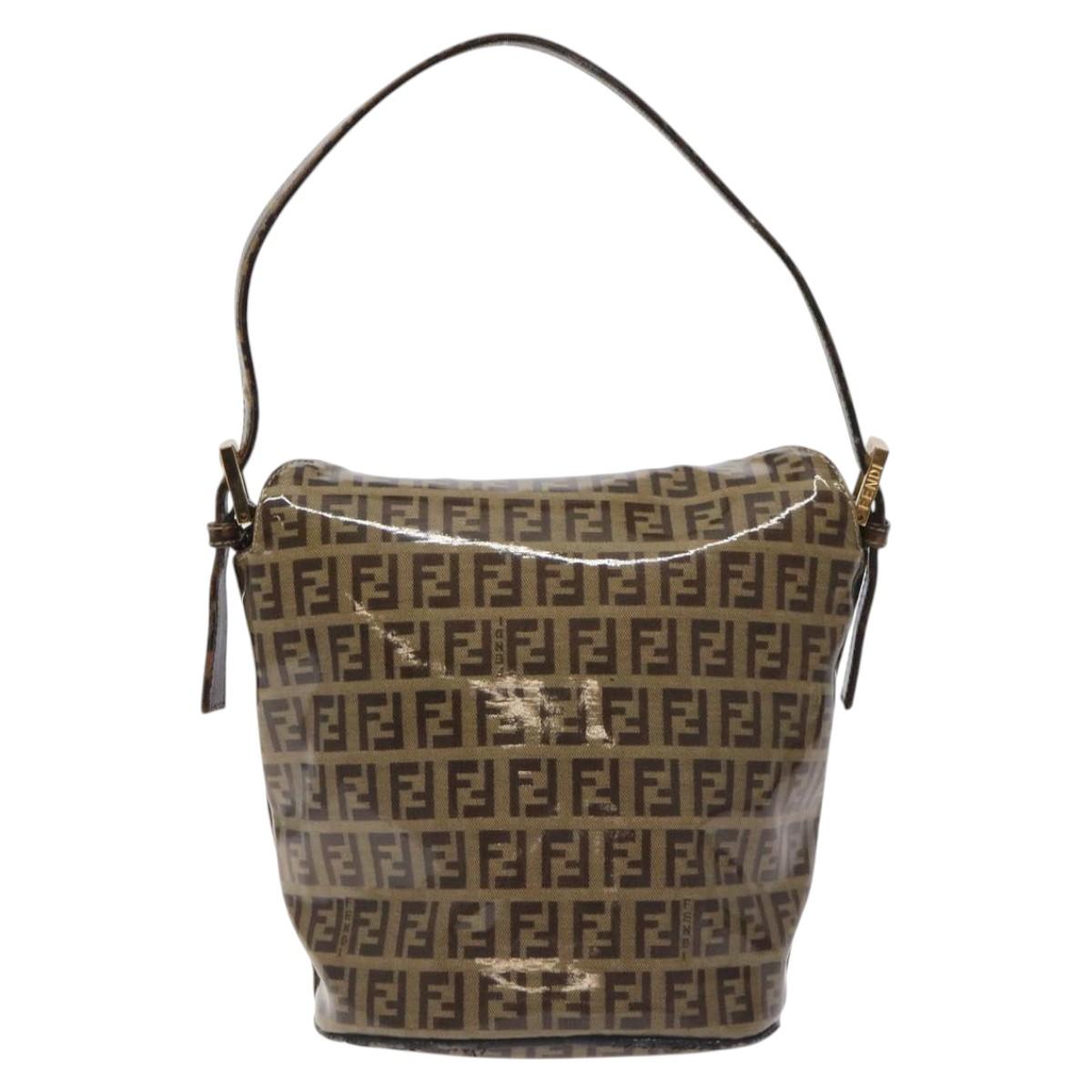 FENDI Zucchino Canvas Mamma Baguette Shoulder Bag Enamel Beige Gold Auth 128662