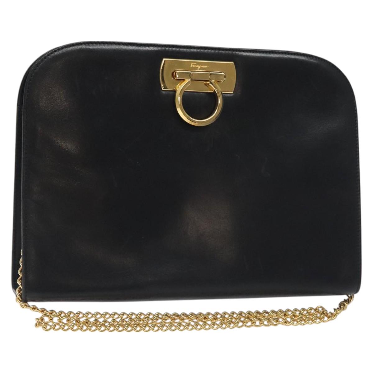 Salvatore Ferragamo Gancini Chain Shoulder Bag Leather Black Gold Auth 128664