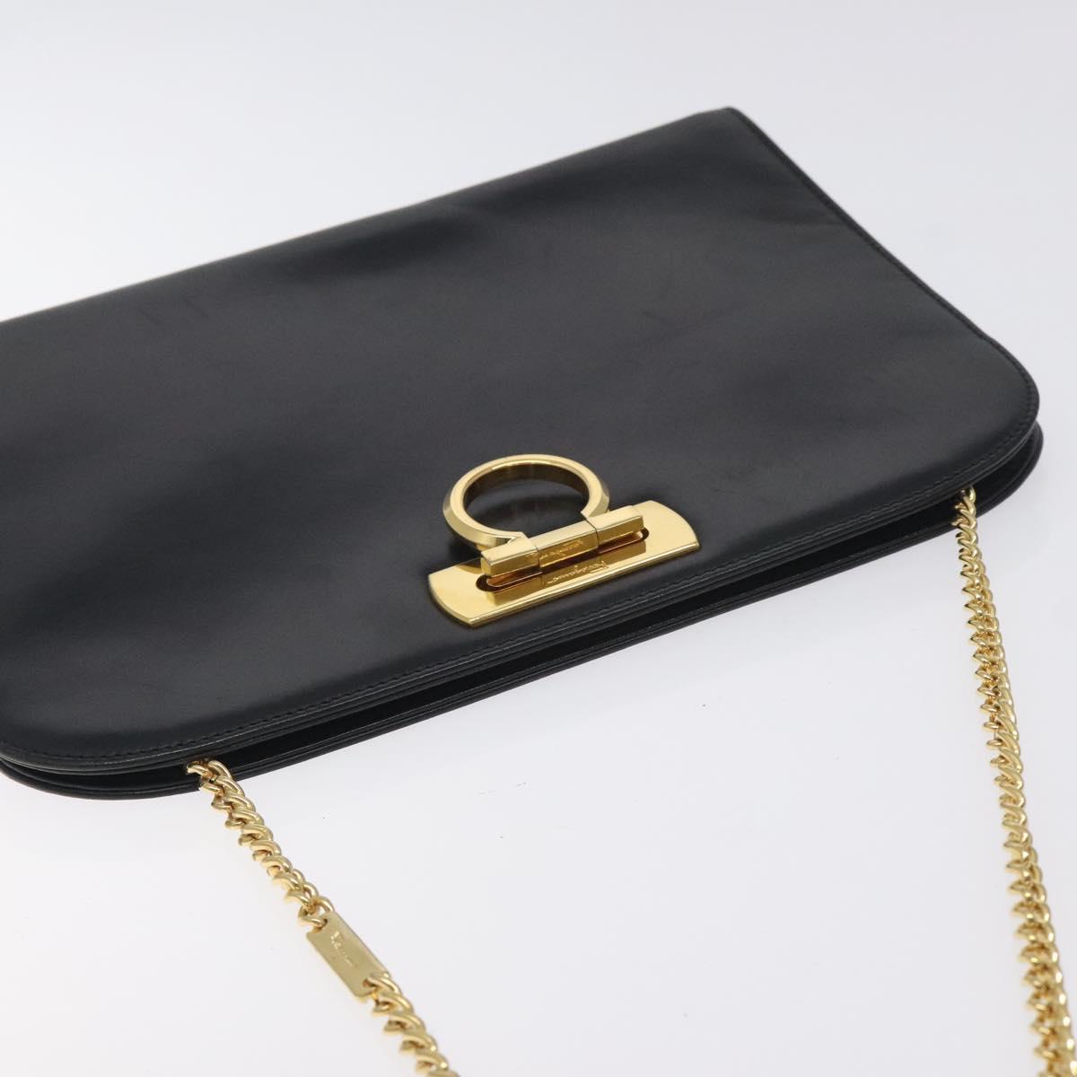 Salvatore Ferragamo Gancini Chain Shoulder Bag Leather Black Gold Auth 128664