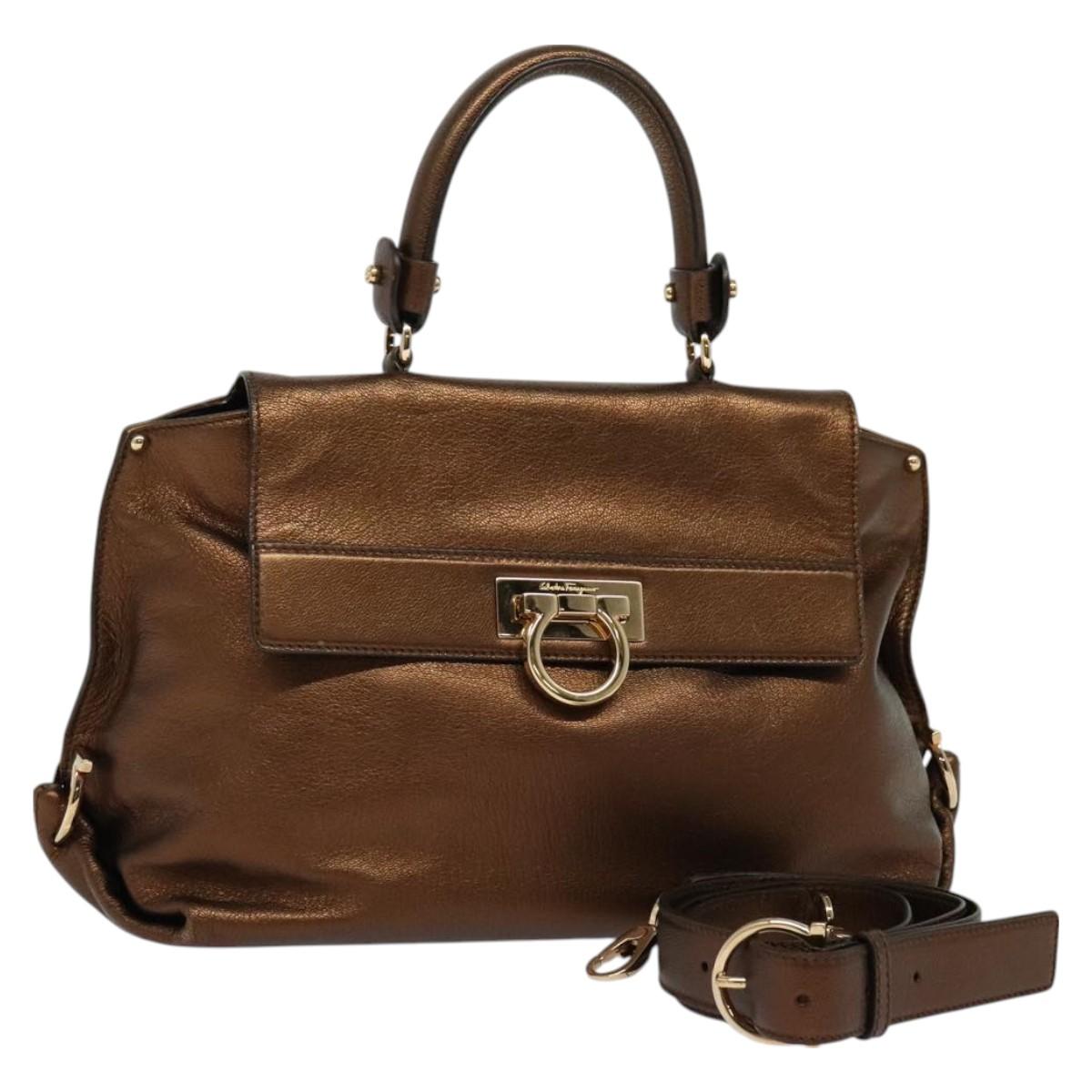 Salvatore Ferragamo Gancini Hand Bag Leather 2way Bronze Gold Auth 128665
