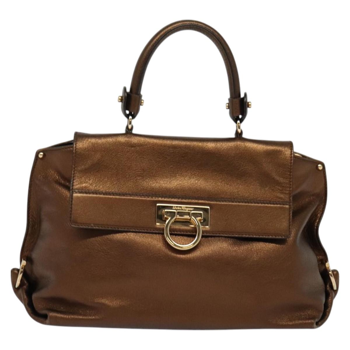 Salvatore Ferragamo Gancini Hand Bag Leather 2way Bronze Gold Auth 128665