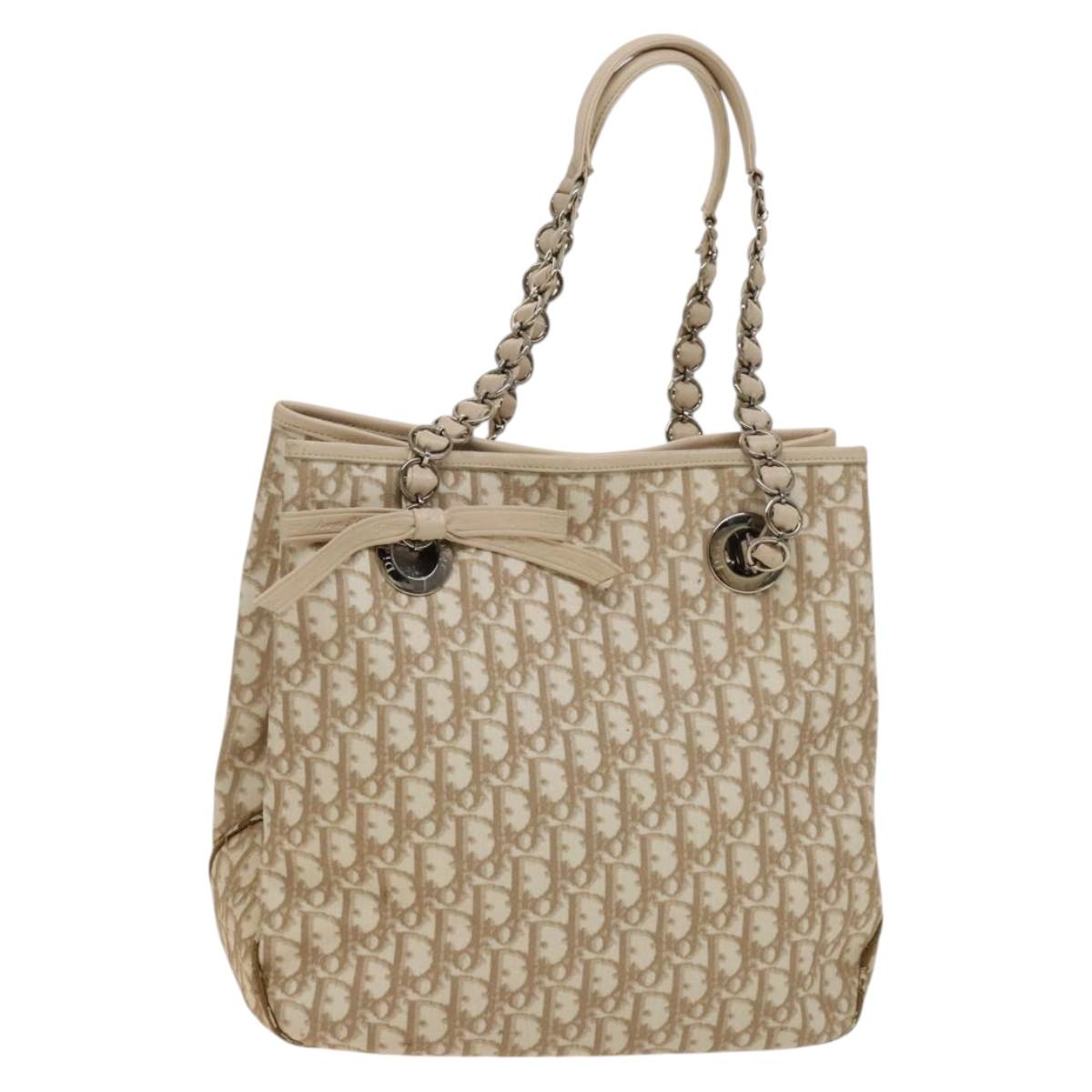 Christian Dior Trotter Canvas Romantic Tote Bag PVC Beige Silver Auth 128666