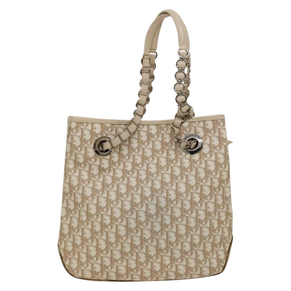 Christian Dior Trotter Canvas Romantic Tote Bag PVC Beige Silver Auth 128666