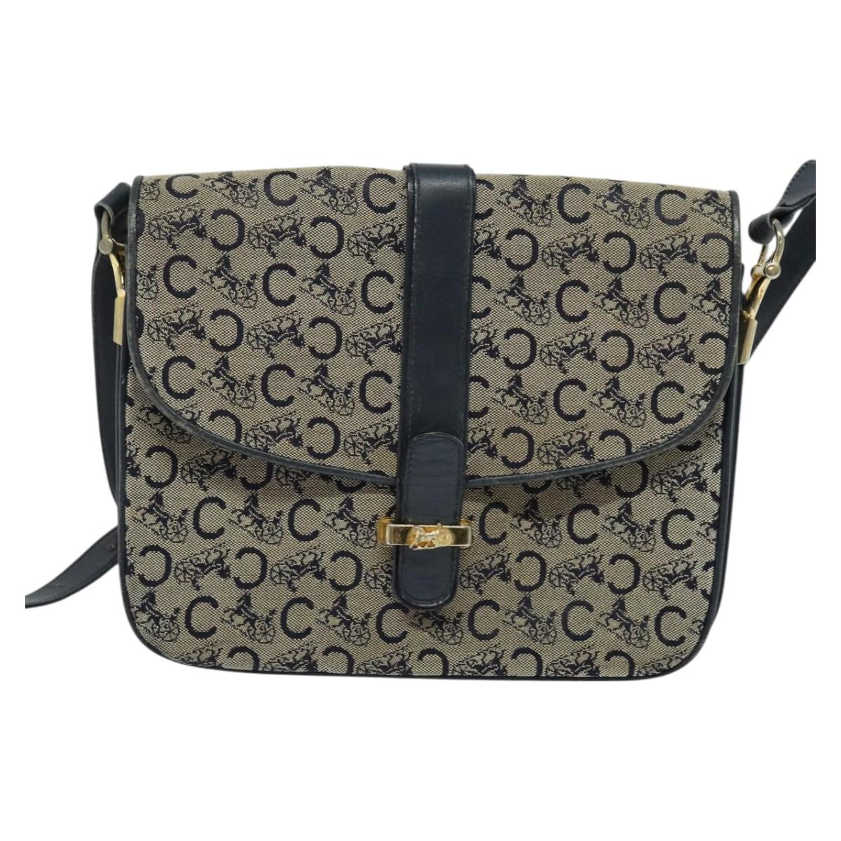 CELINE C Sulky Shoulder Bag Canvas Navy Gold Auth 128714